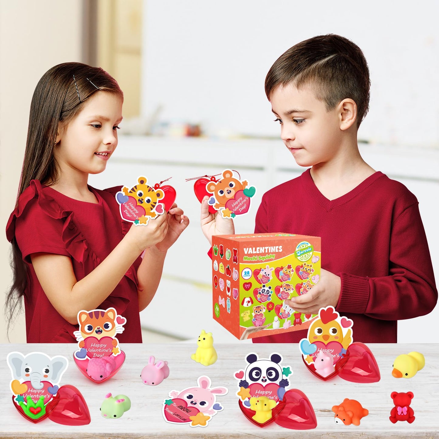 SURCVIO 28-Pack Valentines Day Gifts for Kids | Mochi Squishies, Heart Cases & Greeting Cards