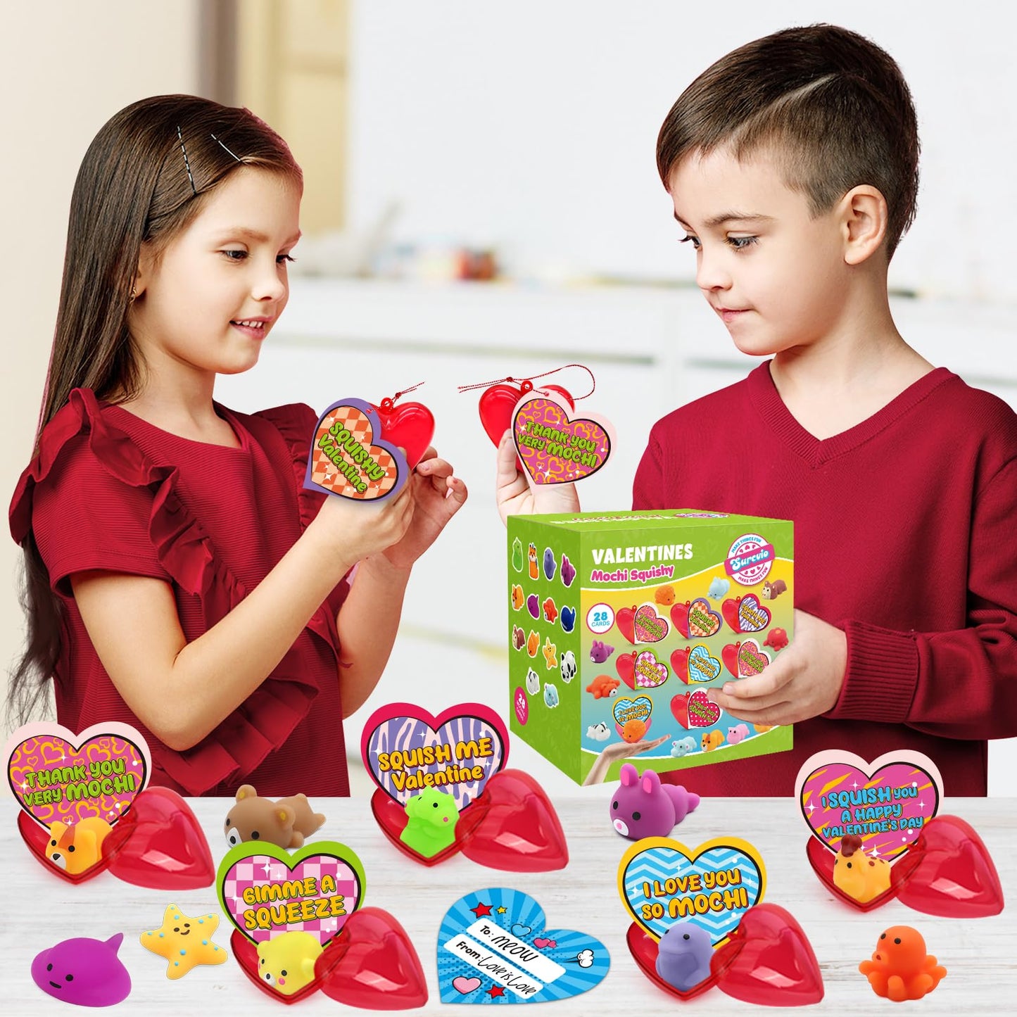 SURCVIO 28-Pack Valentines Day Gifts for Kids | Animal Mochi Squishies, Heart Box & Greeting Cards