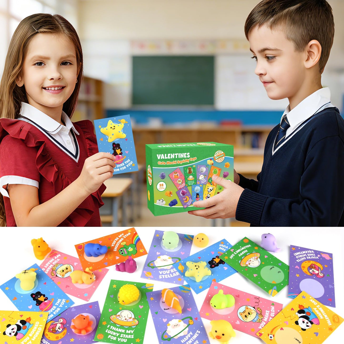 SURCVIO 28-Pack Valentines Day Gifts for Kids | Mochi Squishies & Greeting Cards