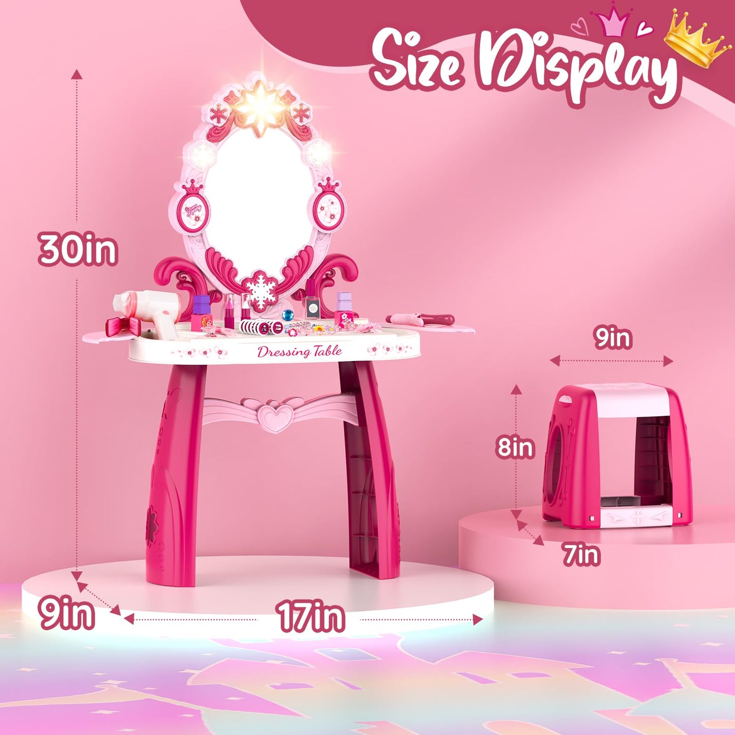 Surelect Toddler Vanity Table with Mirror & Chair – Lights, Sounds Hairdryer & 21-Piece Accessory Set for Girls 3–6