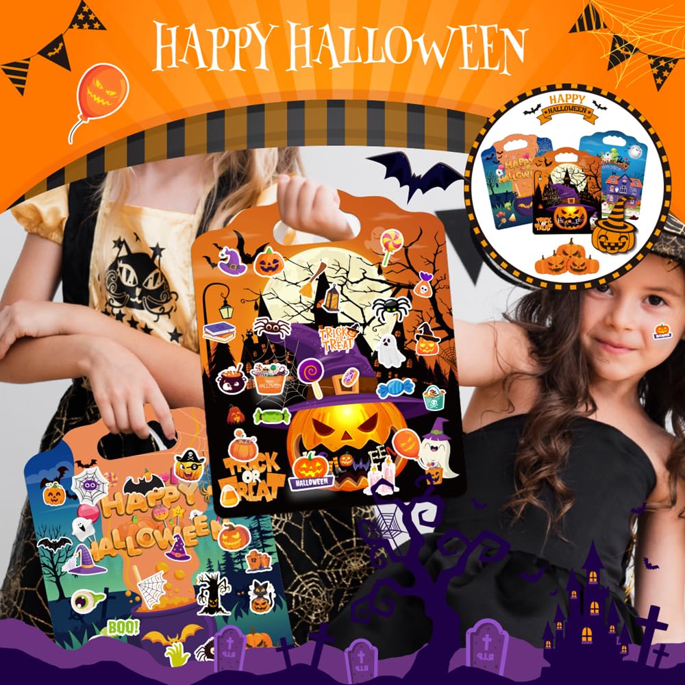 SWARKOL 3Sets Halloween Reusable Sticker Books for Kids – Puffy Sticker Books for Toddlers 2-4 & Party Favors