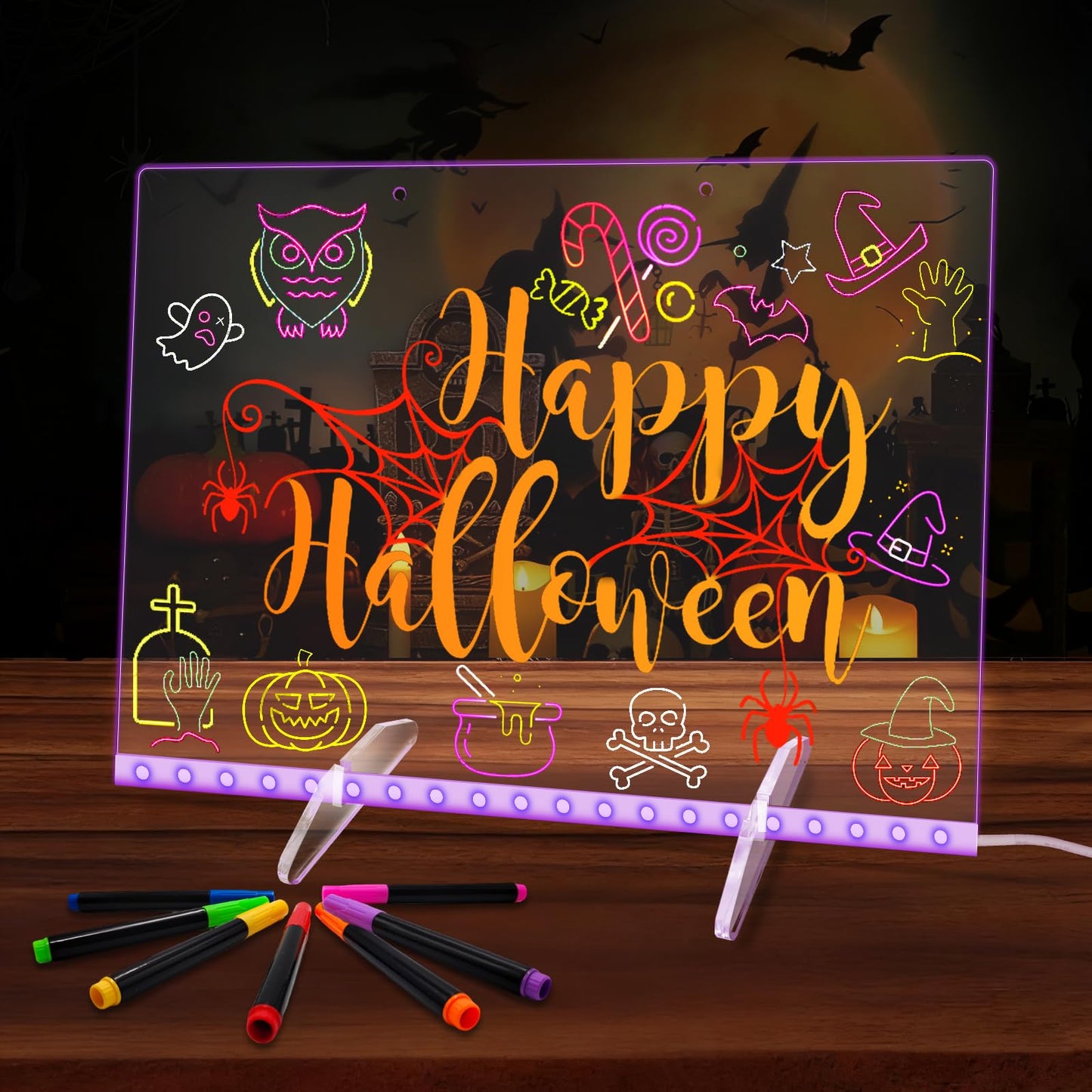 Sweetone LED Acrylic Dry Erase Board – 13.7 x 10 in, Colorful Lights, 4 Modes, Includes 7 Pens