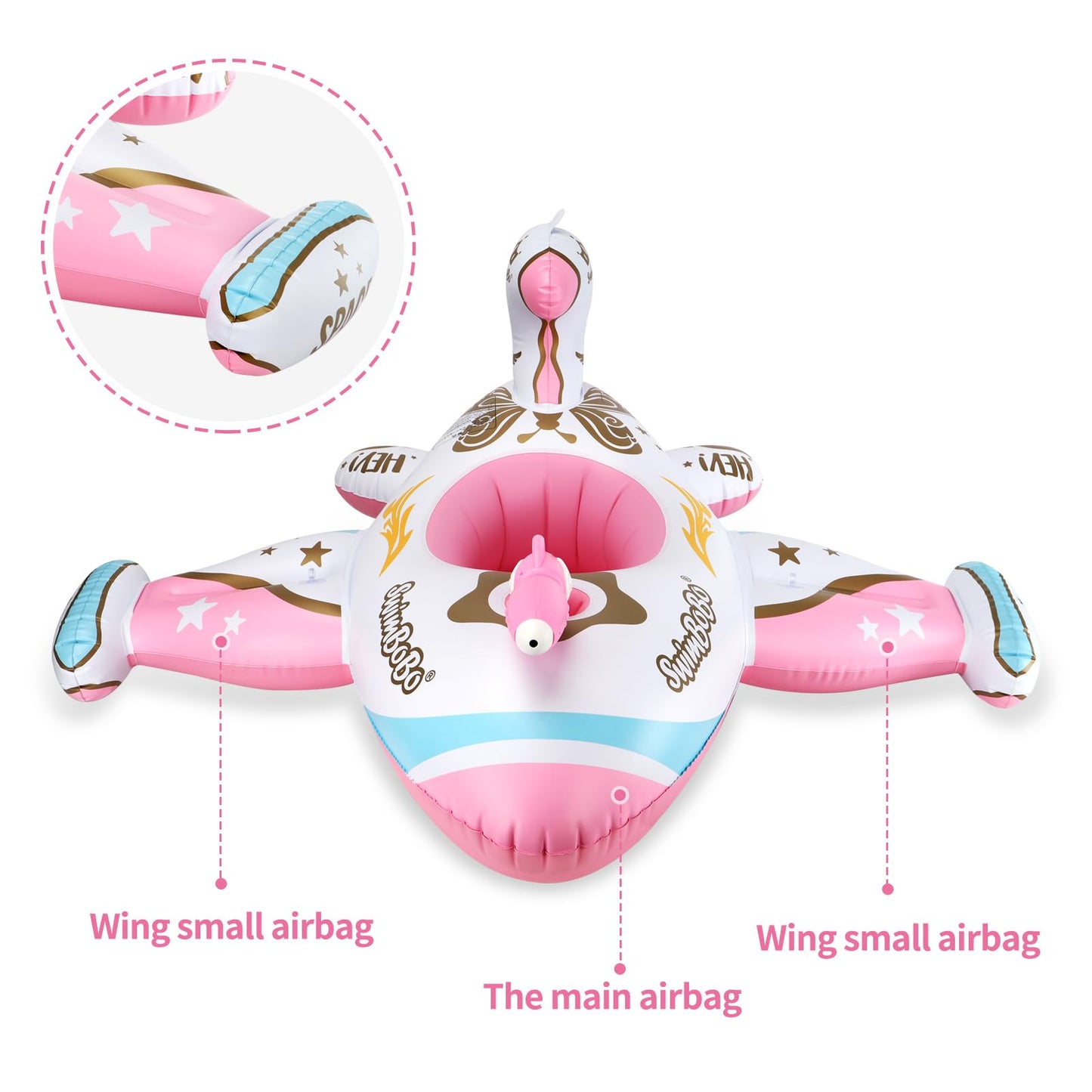 Swimbobo Toddler Pool Float – Pink Airplane with Adjustable Sun Canopy & Safety Seat (3+)