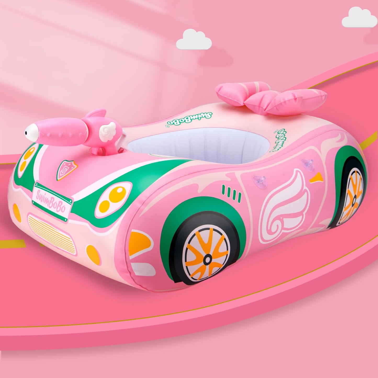 Swimbobo Toddler Pool Float Car with Adjustable Sun Canopy | Pink/Green, Safety Seat for 3+