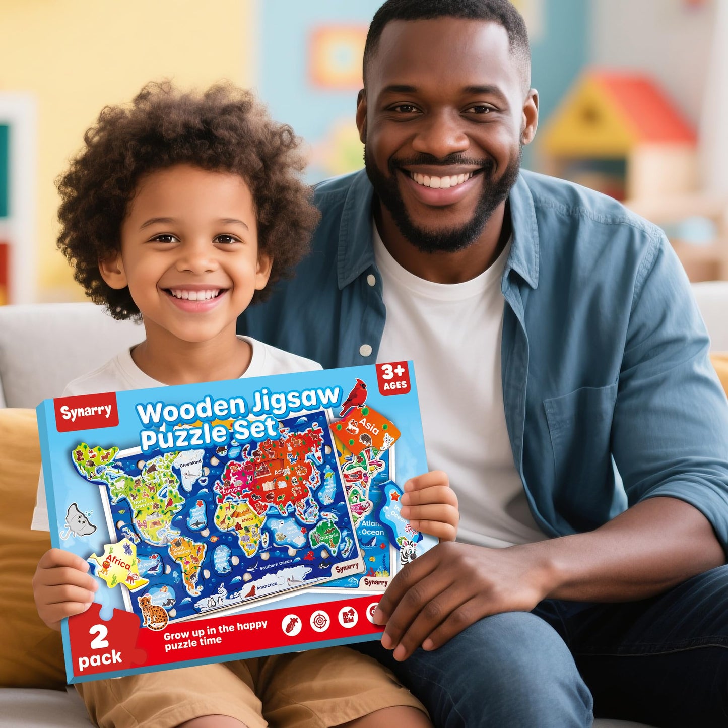 SYNARRY Large USA World Wooden Puzzles for Kids 3-8 – Geography Learning Set (2 Puzzles)