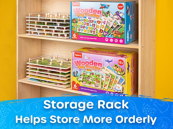 SYNARRY Wooden Puzzles for Toddlers 1-3 & 2-4 – 6-Piece Rack Set (Alphabet, Numbers, Shapes, Animals, Dinosaur)
