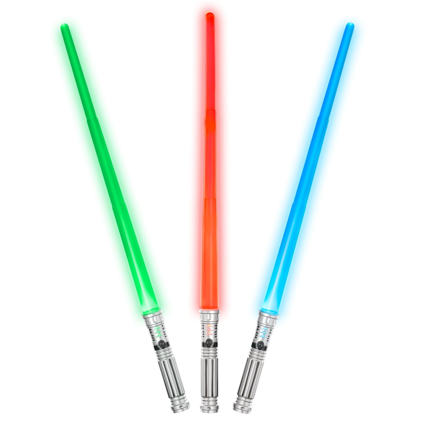 SYNCFUN 3-Pack LED Light Up Swords – 7 Colors, Motion-Sensor FX Sounds, Dual Extendable Blades, Silver Handles