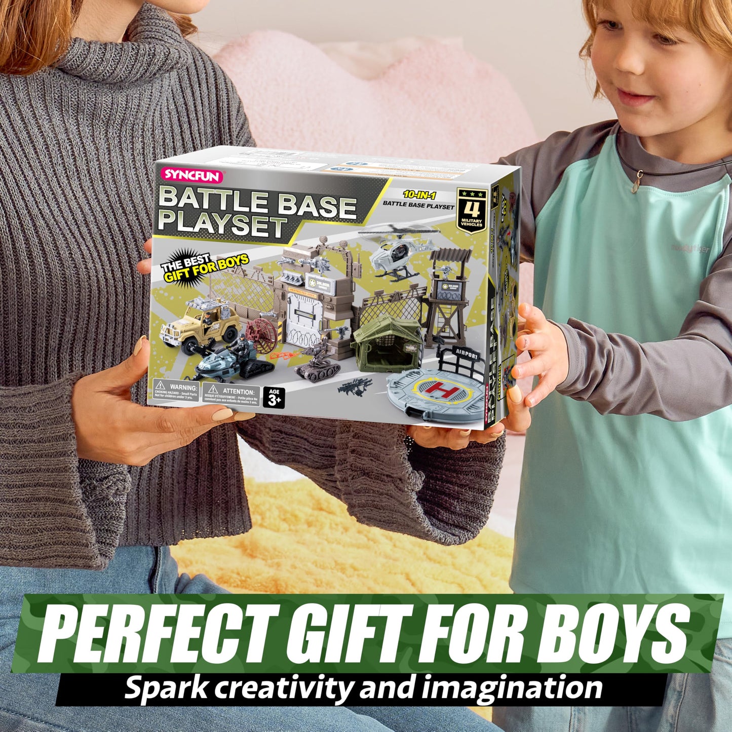 SYNCFUN Military Toy Set with Army Base, Vehicles & Helicopter – Light & Sound