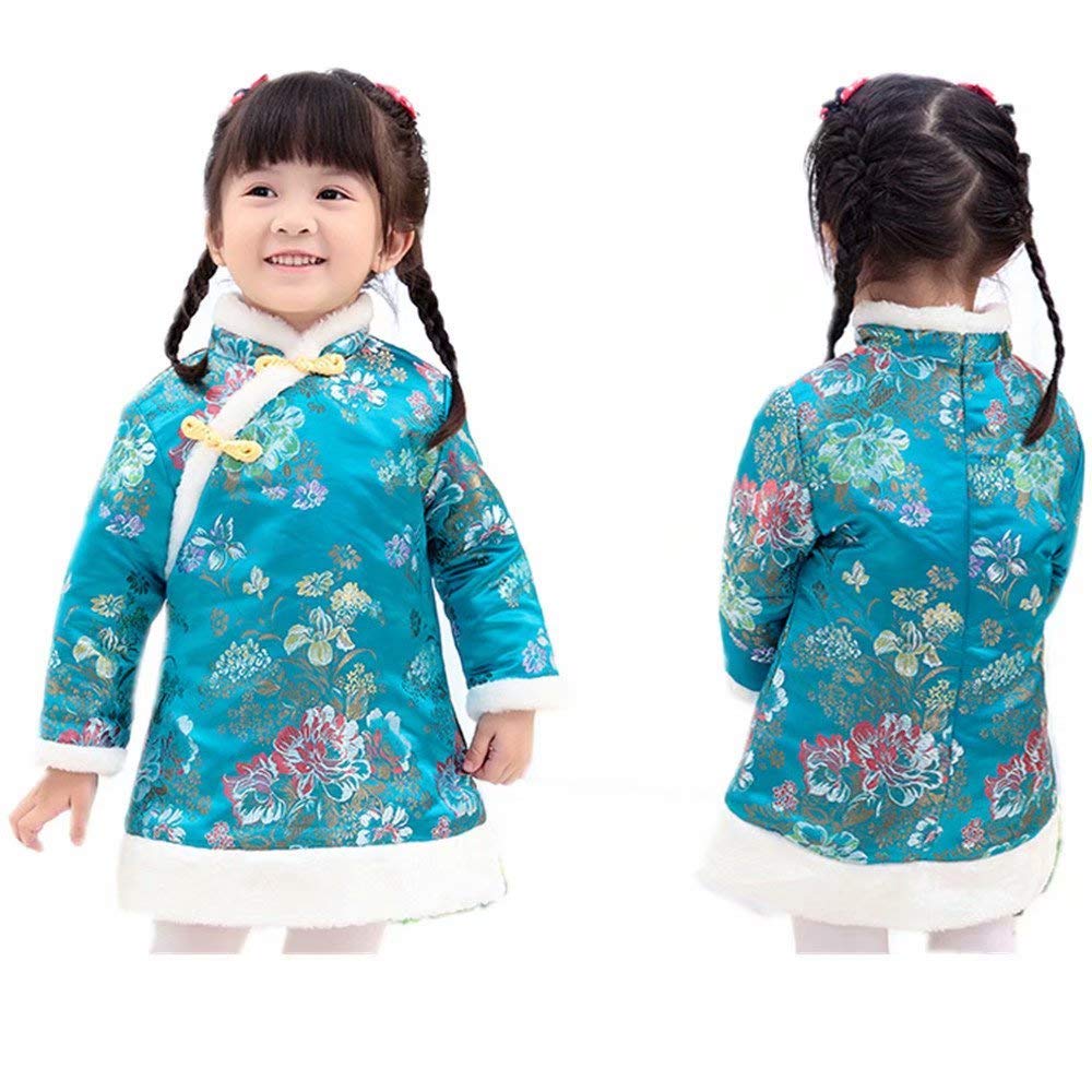 SZCQ Baby Girls Qipao Dress - Quilted Blue Cheongsam with Floral Embroidery, 1-12Y