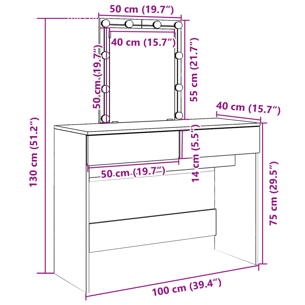 Dressing Table with LED Smoked Oak 100x40x130 cm