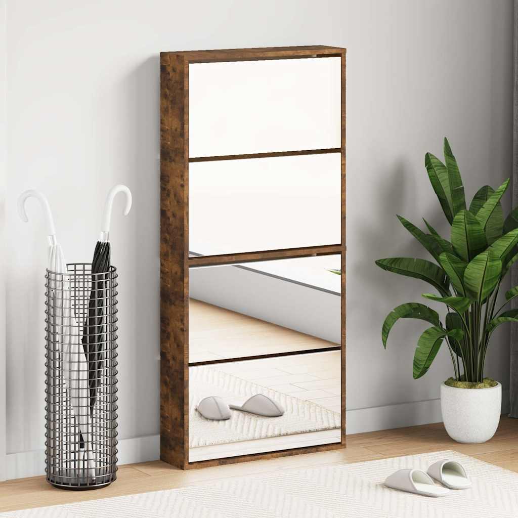 Shoe Cabinet with Mirror 4-Layer Smoked Oak 63x17x134 cm