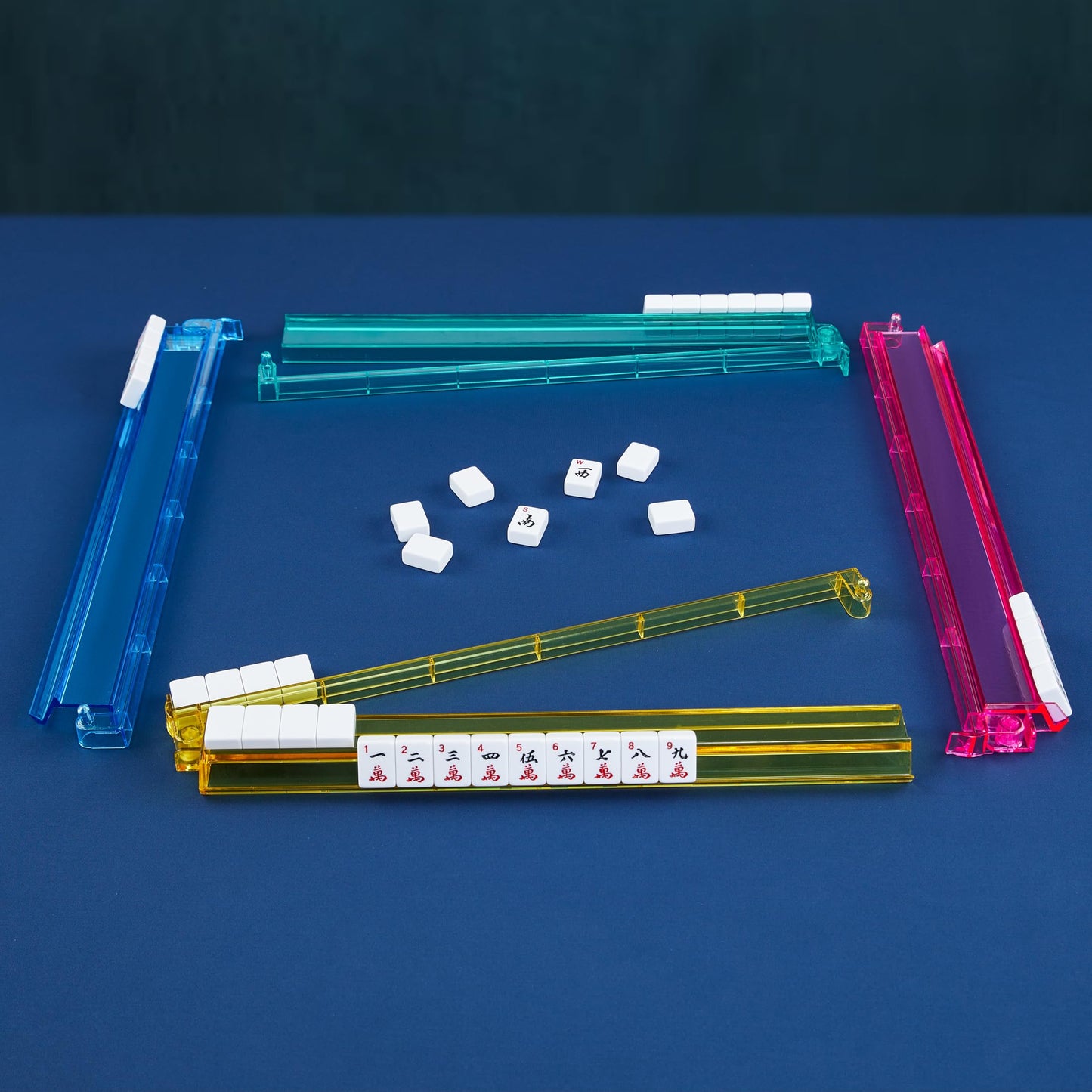 TAIKULA Mahjong Racks with Pushers – Clear Acrylic American Mah Jongg Tile Racks (Set of 4) with 3 Golden Dice