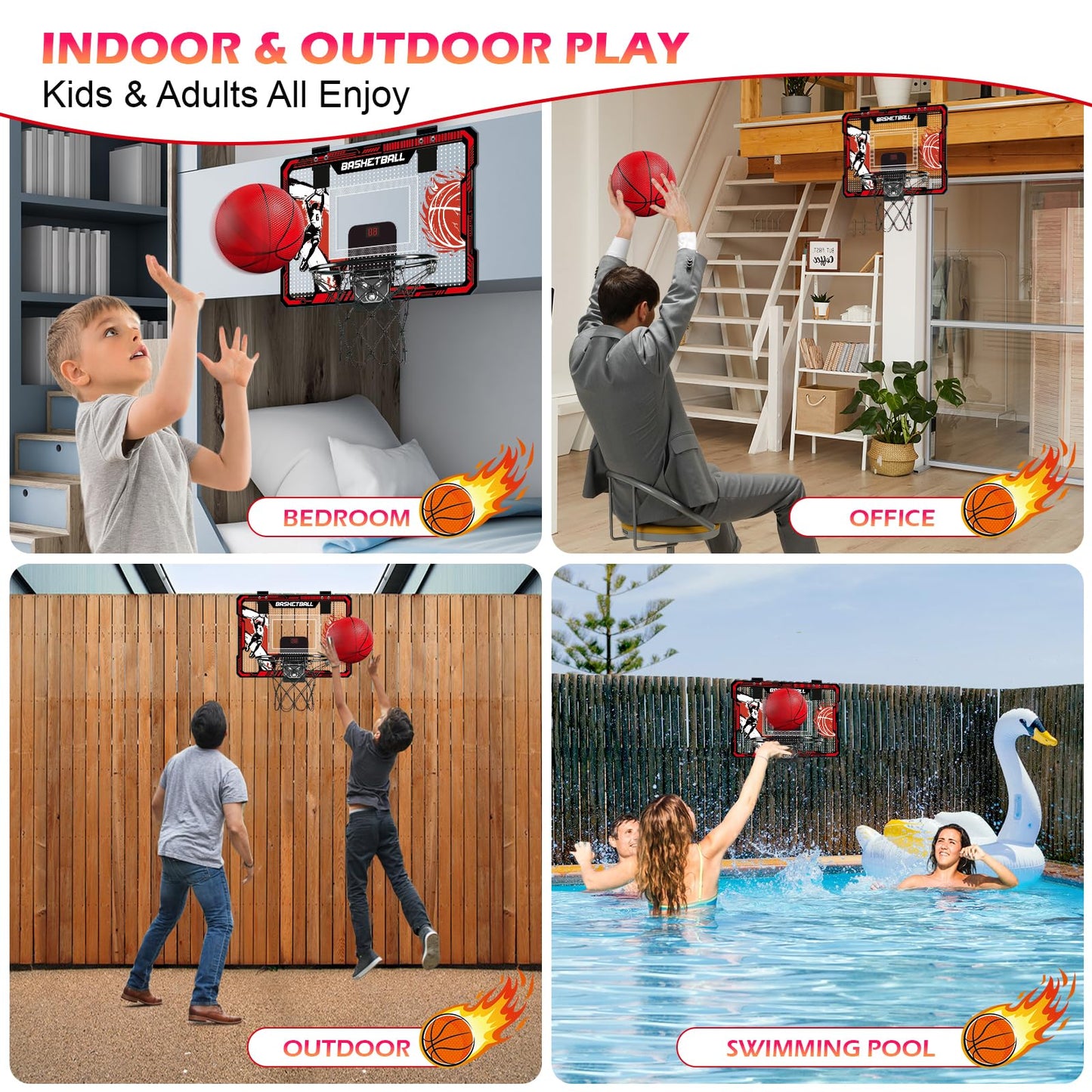TALGIC Indoor Over-the-Door Basketball Hoop with LED Scoreboard | 4 Balls & Pump