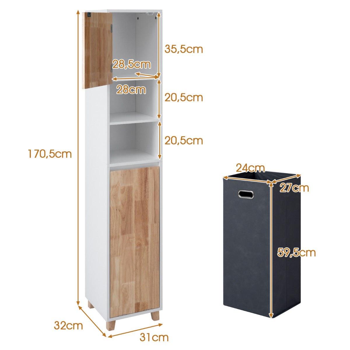 Tall Bathroom Storage Organizer Unit with Rubber Wood Doors-White