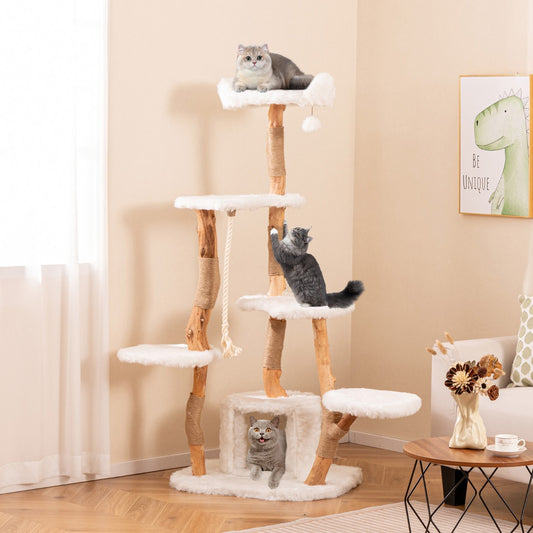 168 cm Tall Solid Wood Cat Tree with Perch Condo and Jute Scratching Posts-White