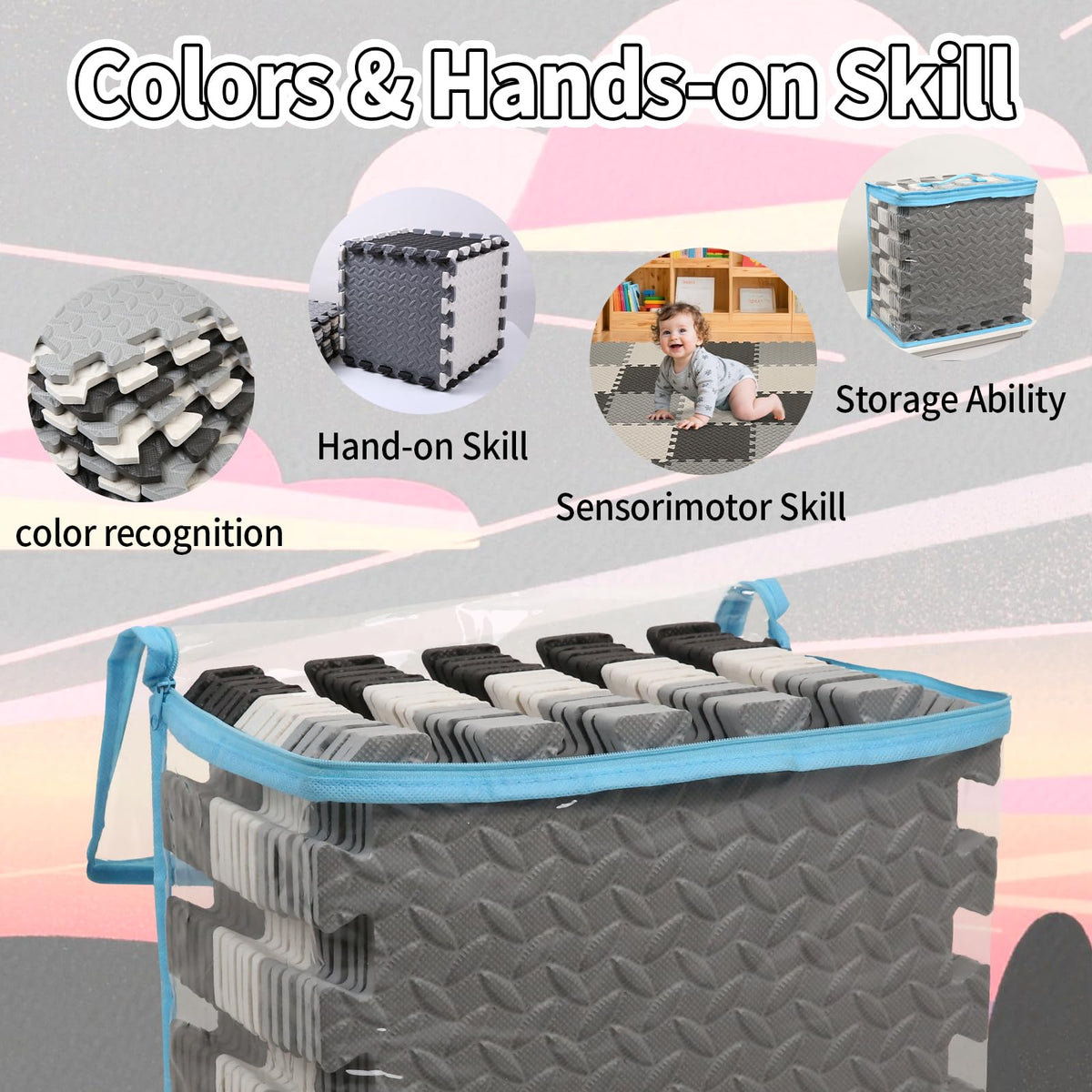 Tamiplay Foam Play Mat – 0.4-Inch Thick Interlocking EVA Tiles, 16-Piece Set (White/Black/Gray)