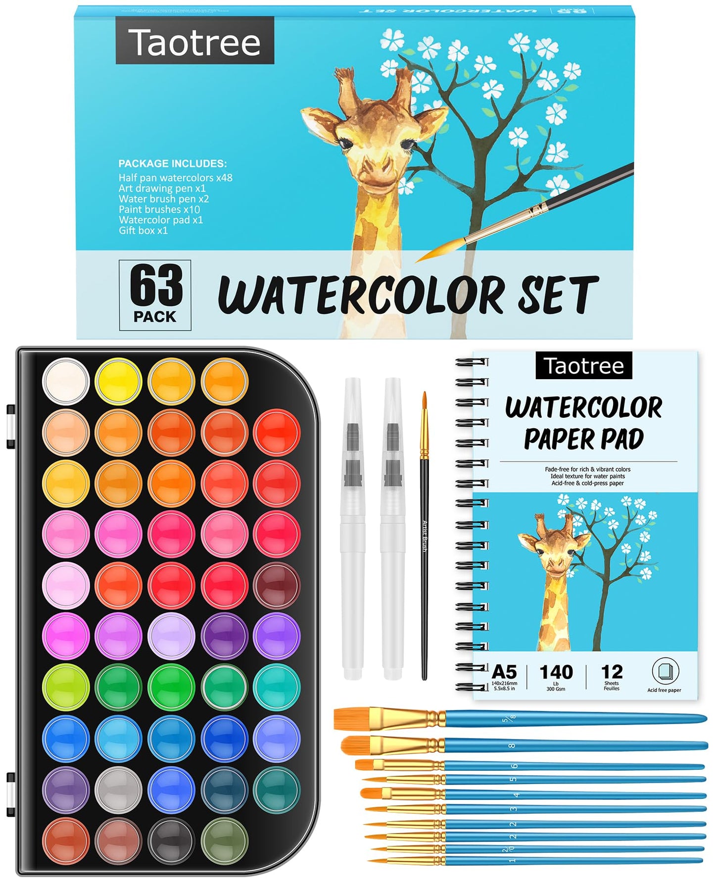 Taotree Watercolor Paint Set — 48 Colors with 10 Brushes, Pad, and Accessories