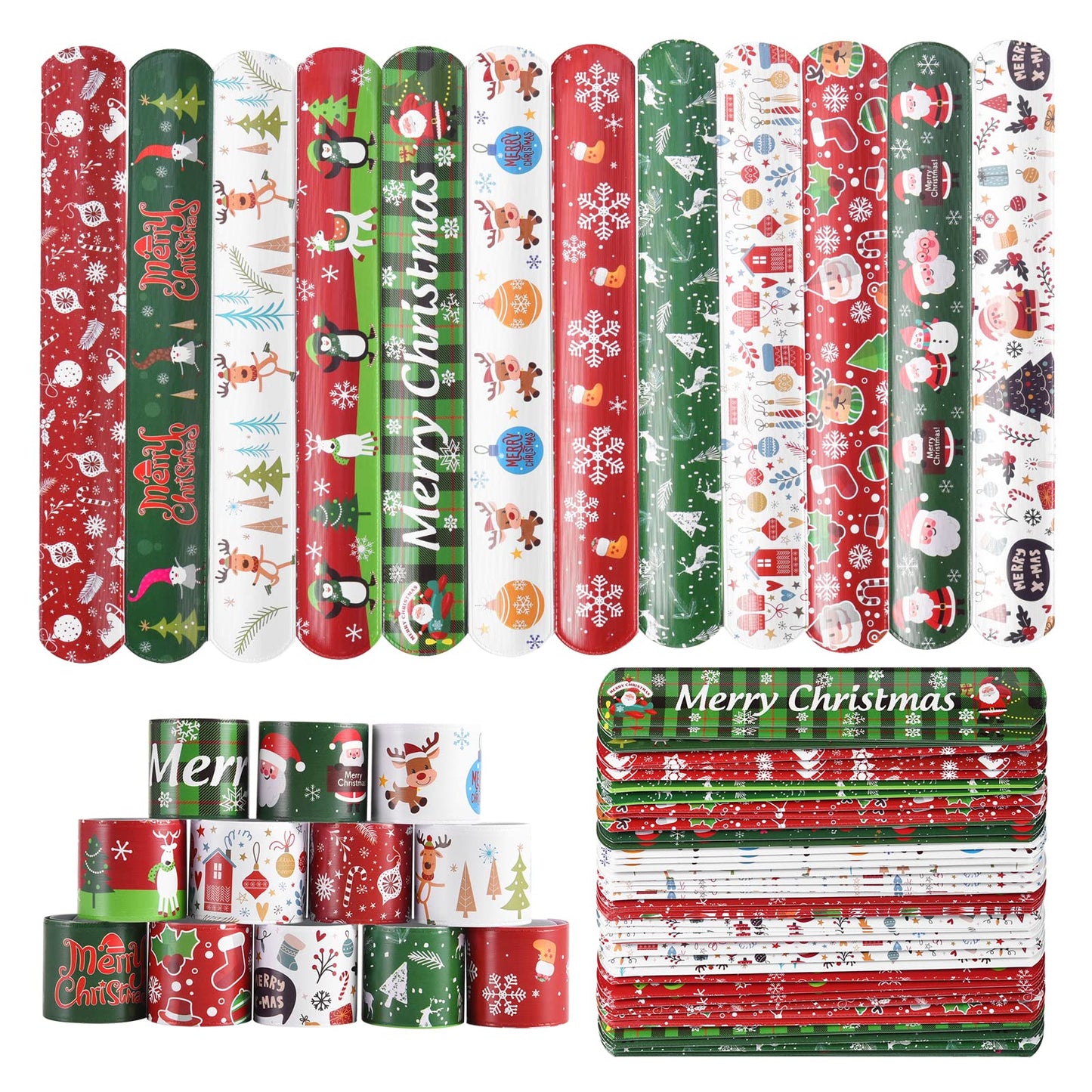 TAOVEN 48PCS Christmas Slap Bracelets – 12 Styles for Party Favors (Green, White, Red)