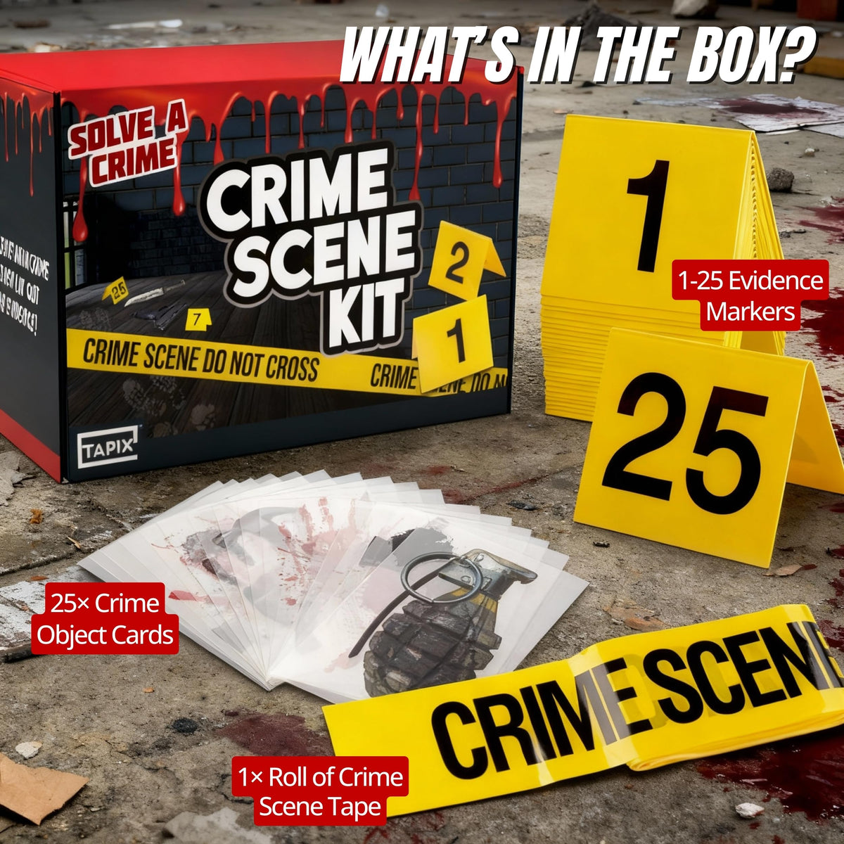Tapix Mystery Dinner Party Game Kit - Crime Scene Decorations, Tape & Evidence Cards