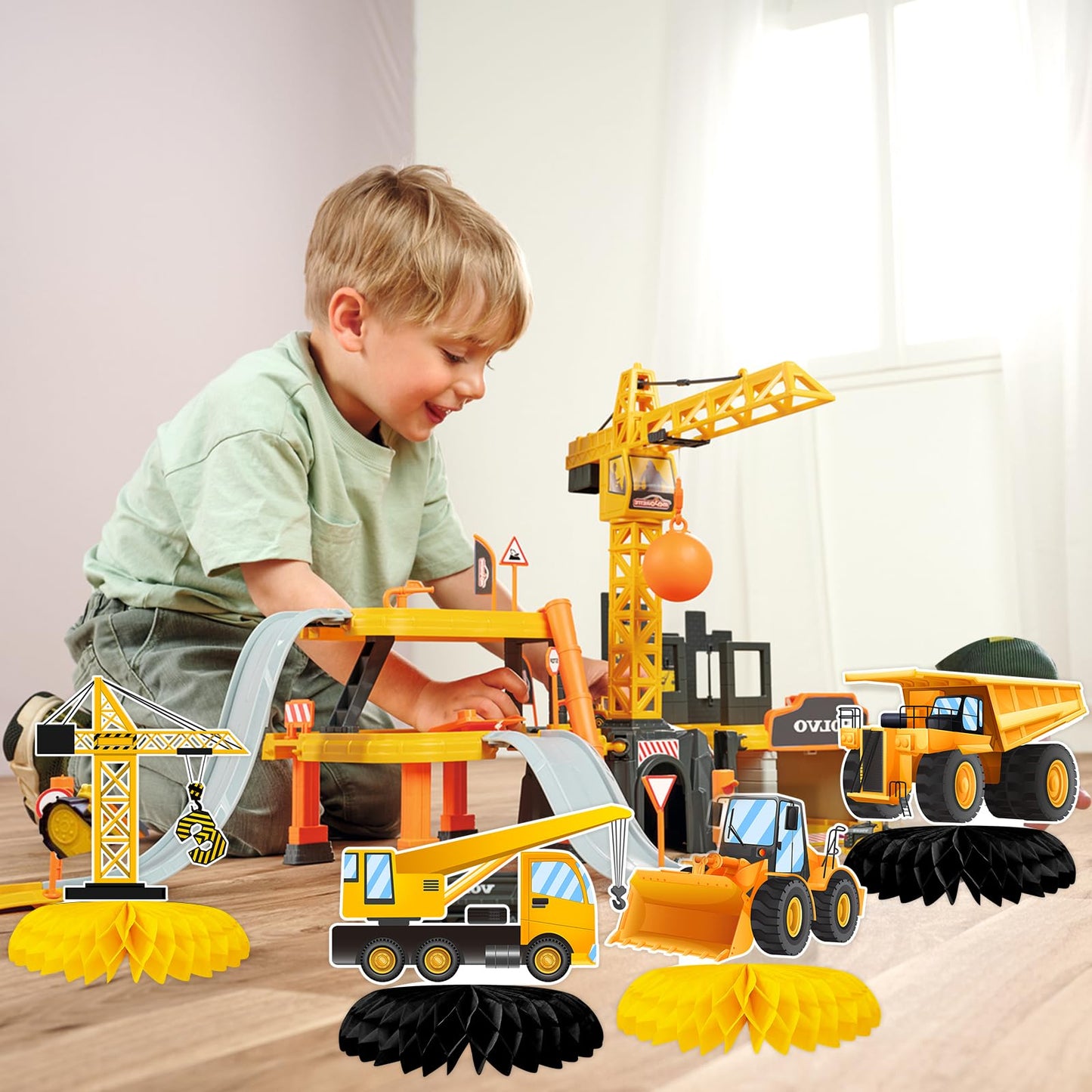 Tarklanda 10Pcs Construction Honeycomb Centerpieces – 3rd Birthday Party Decor (Dump Truck & Cone Theme)