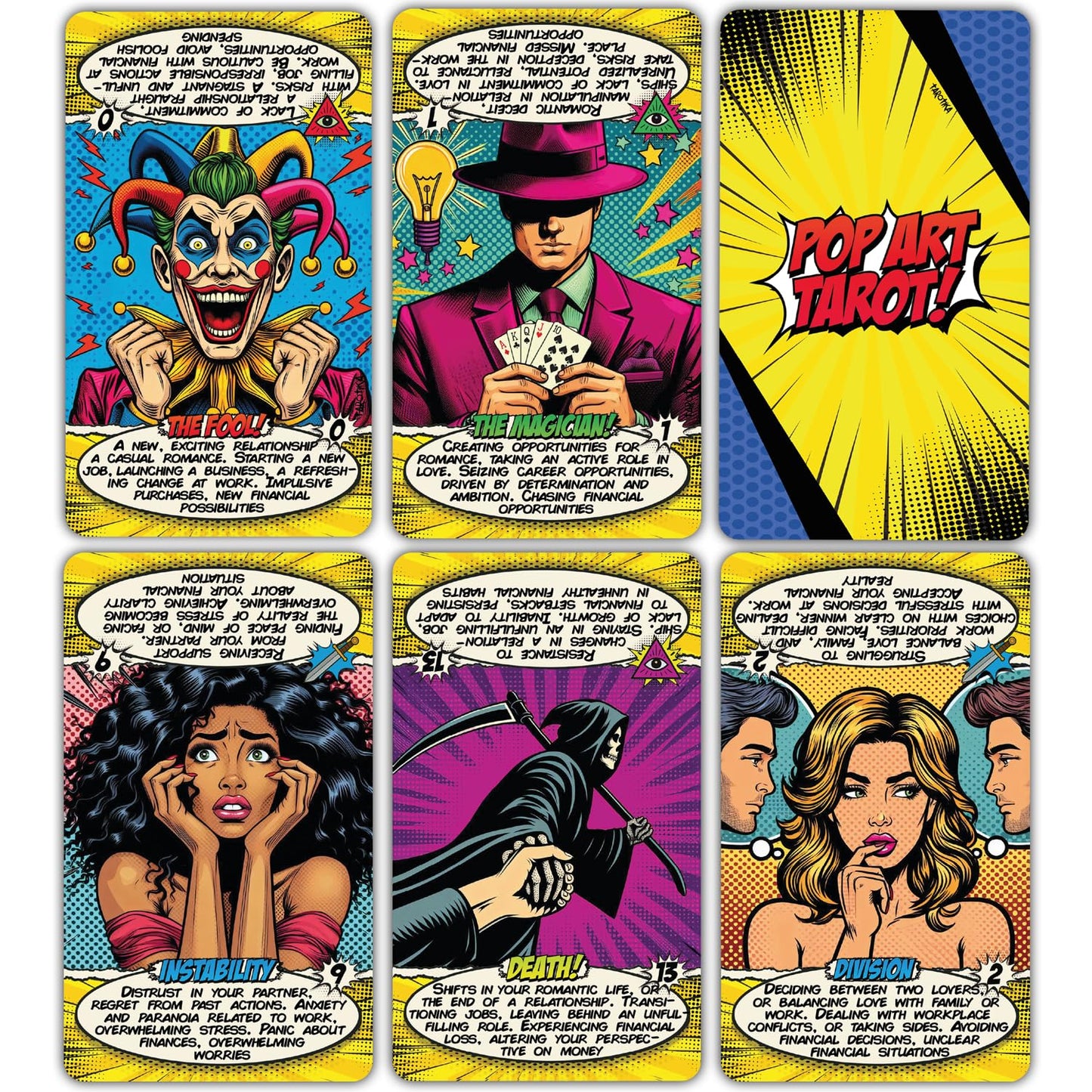 Tarotika Pop Art Tarot Deck – 78 Cards with Meanings, Magnetic Box, 400 GSM, Beginner Guide