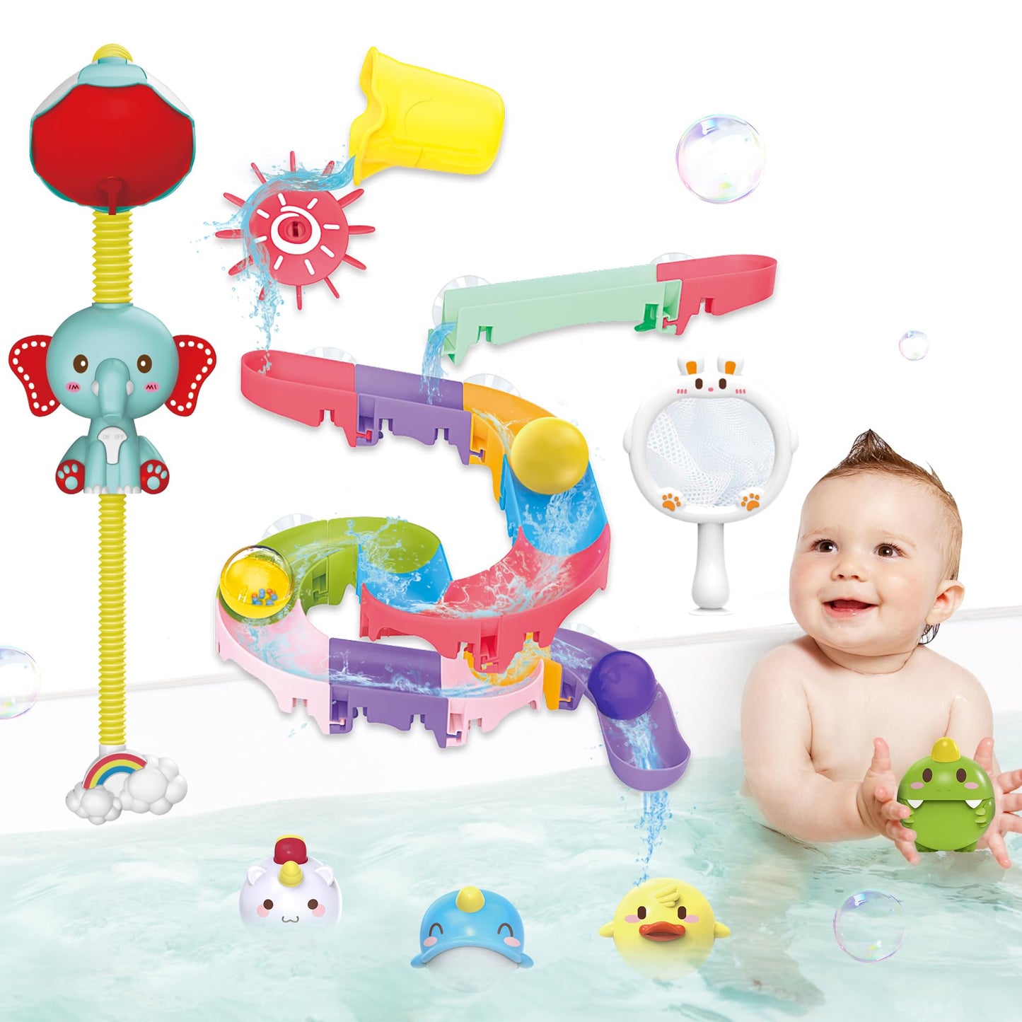 taseyok Toddler Bath Toys Set | Elephant Shower Head, Floating Animals & Slide Track