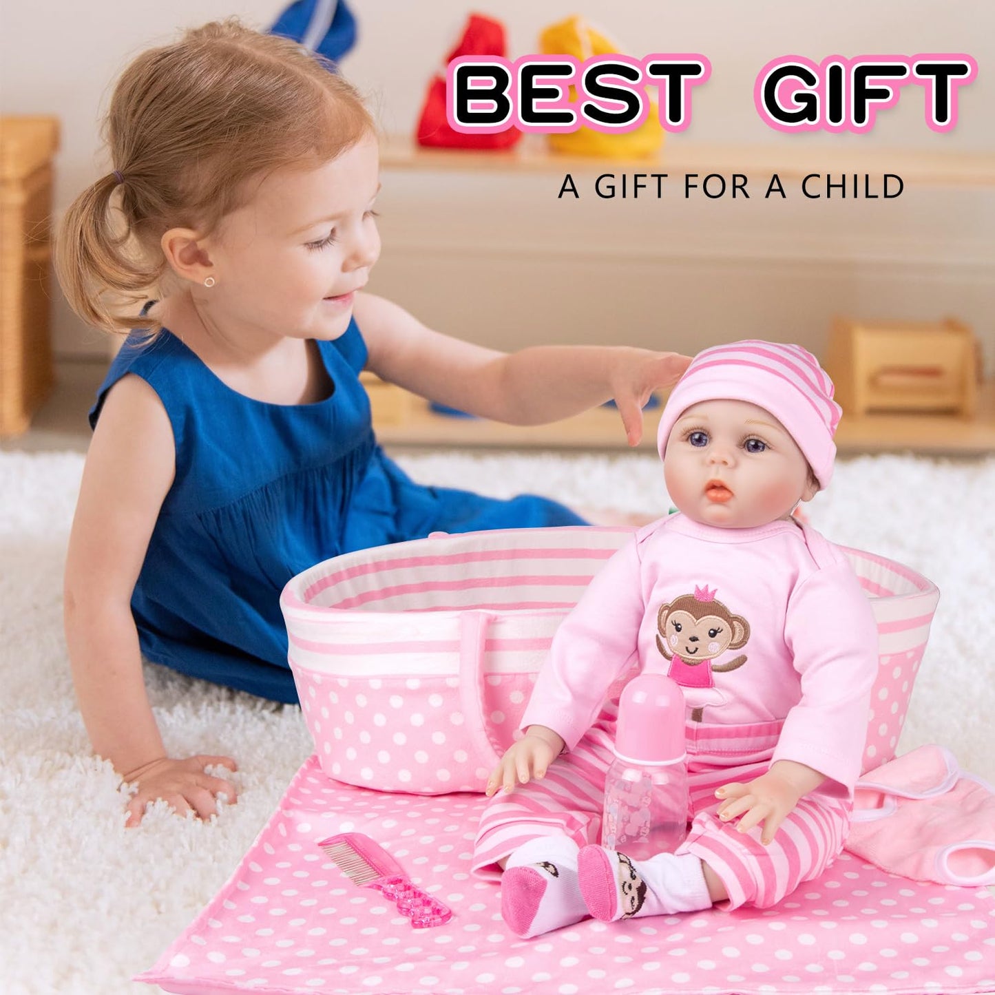 TatuDoll 9 Pcs Reborn Baby Doll Clothes Set with Pink Dot Bassinet for 17-22 Inch Dolls