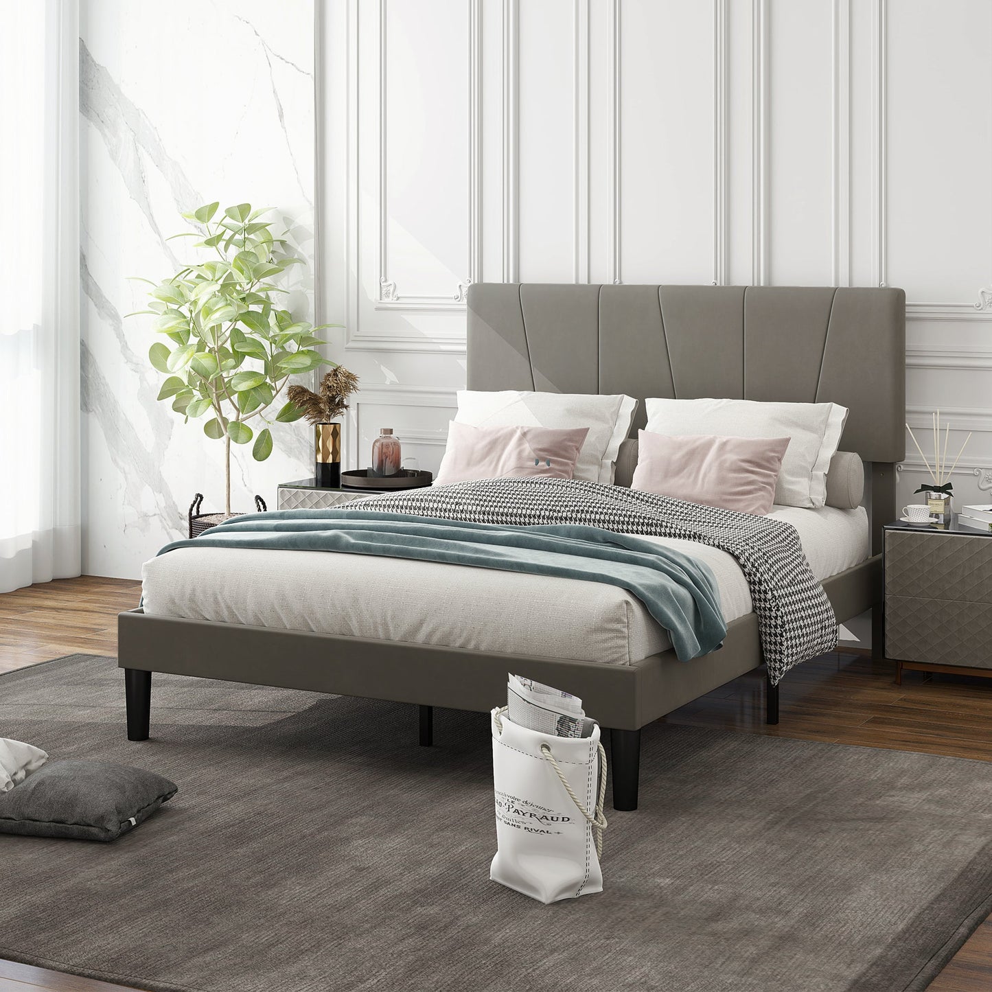 HOMCOM Double Bed Frame with 5-Level Adjustable Headboard Wooden Slats