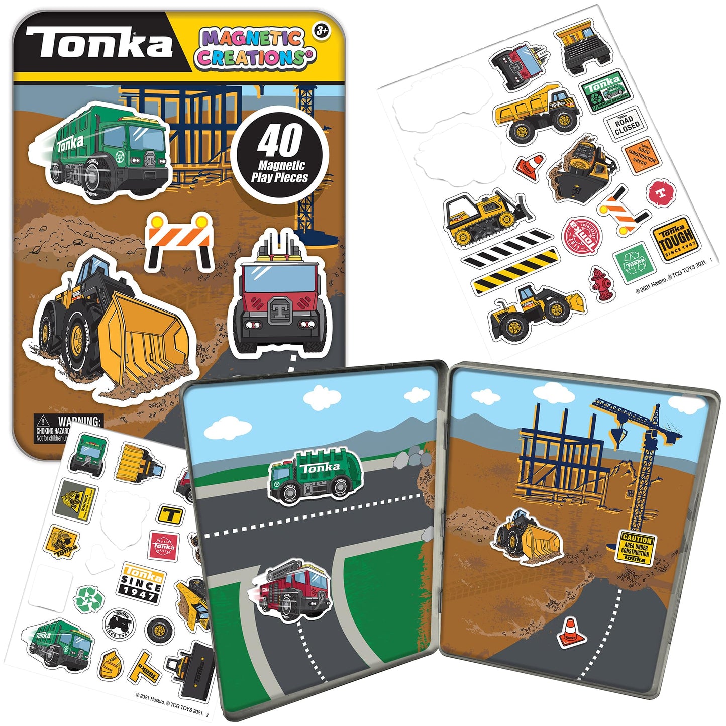 TCG Toys Tonka Magnetic Creations Tin – 40 Magnetic Pieces, Dual Play Space & Storage, Ages 3+