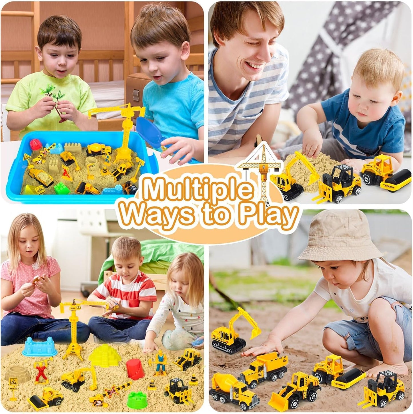 Tcvents Sensory Bin Toys — Alloy Construction Trucks & 2.2lbs Magic Sand Sandbox Set for Kids 3-9