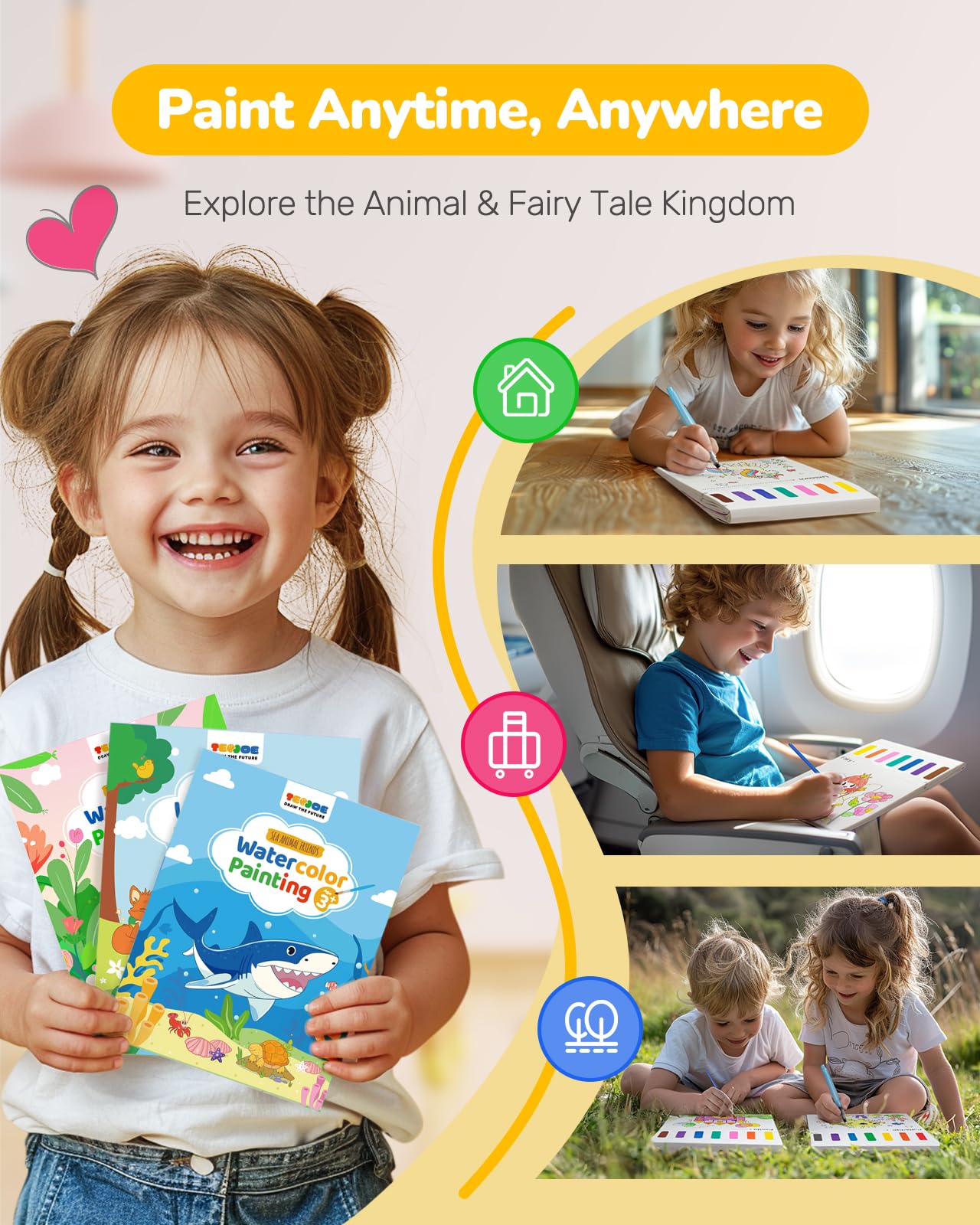 TECJOE 3-Pack Watercolor Coloring Books for Toddlers – Forest, Ocean, Princess & Dinosaur Themes