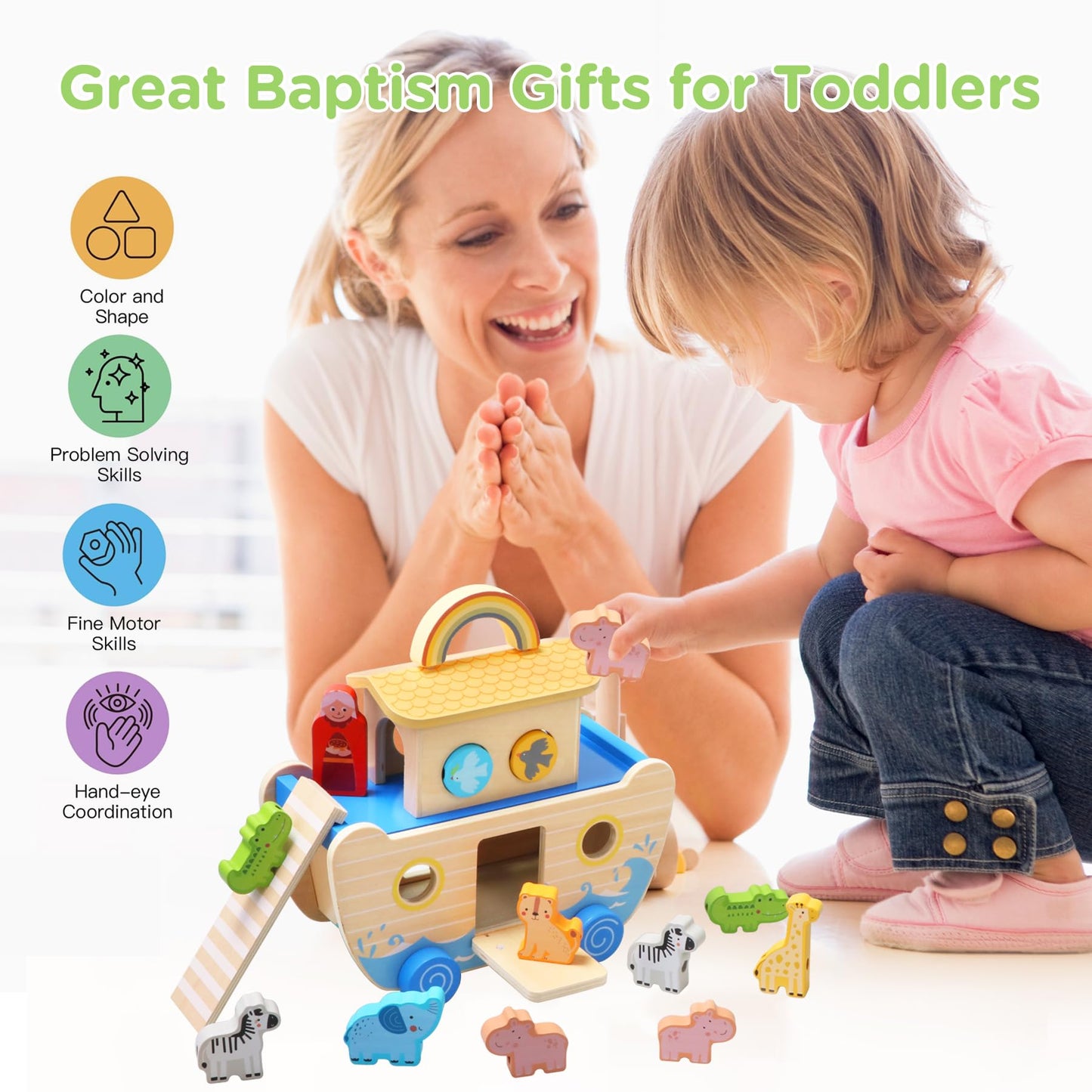Teekdeer Noahs Ark Toy – Wooden Montessori Ark with Animals | Baptism Gift for Toddlers