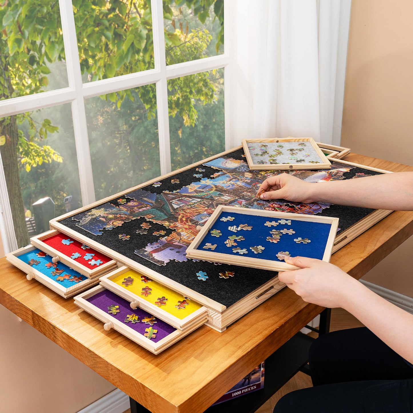Tektalk 2000-Piece Foldable Puzzle Board with 8 Trays, Felt Cover, and Pinewood Tabletop
