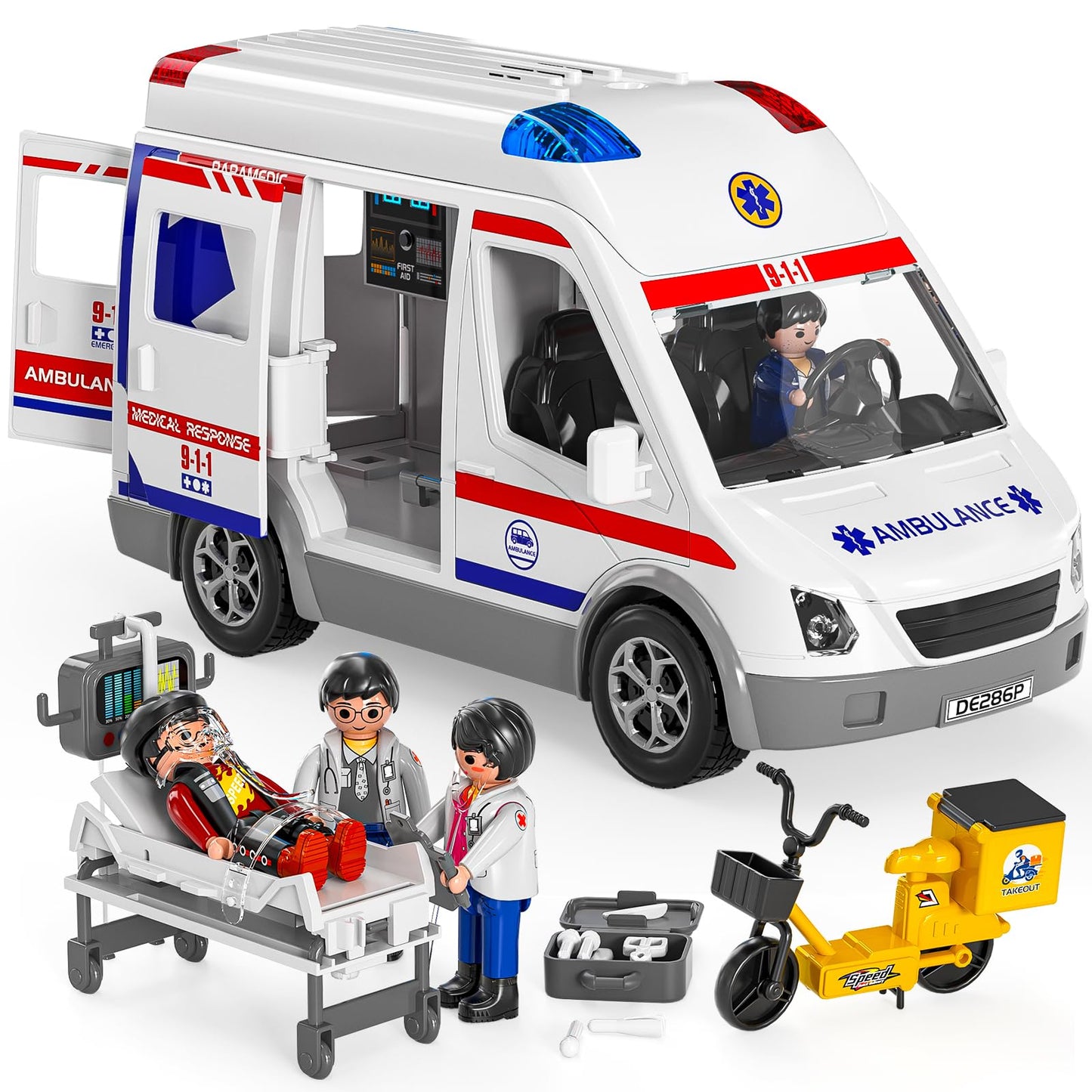 TEMI Ambulance Toy – Friction Powered Emergency Vehicle with Lights & Sound for Kids 3-12