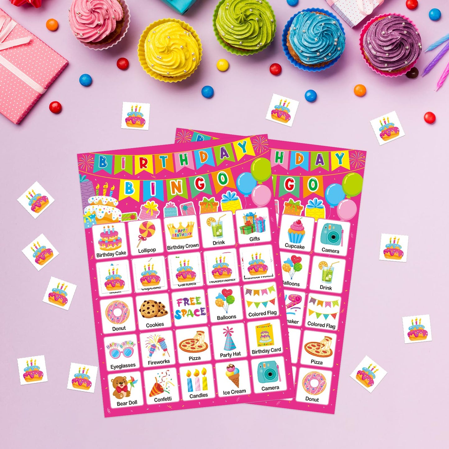 TENDFINE Birthday Bingo Game Cards – Pink 24-Player Party Set for Kids & Adults