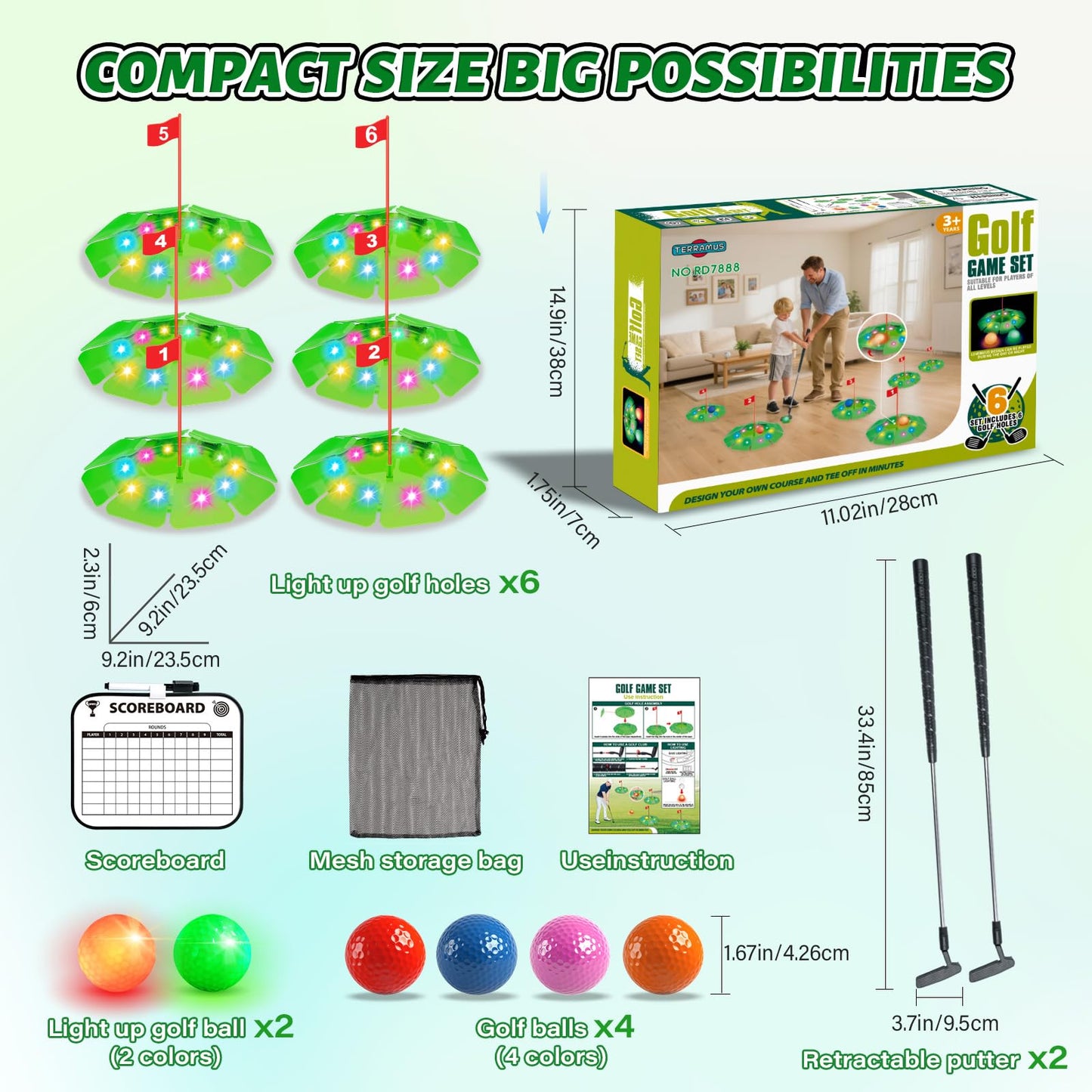 TERRAMUS Light Up Golf Play Set – 6 LED Targets, 2 Clubs, 6 Glow Balls