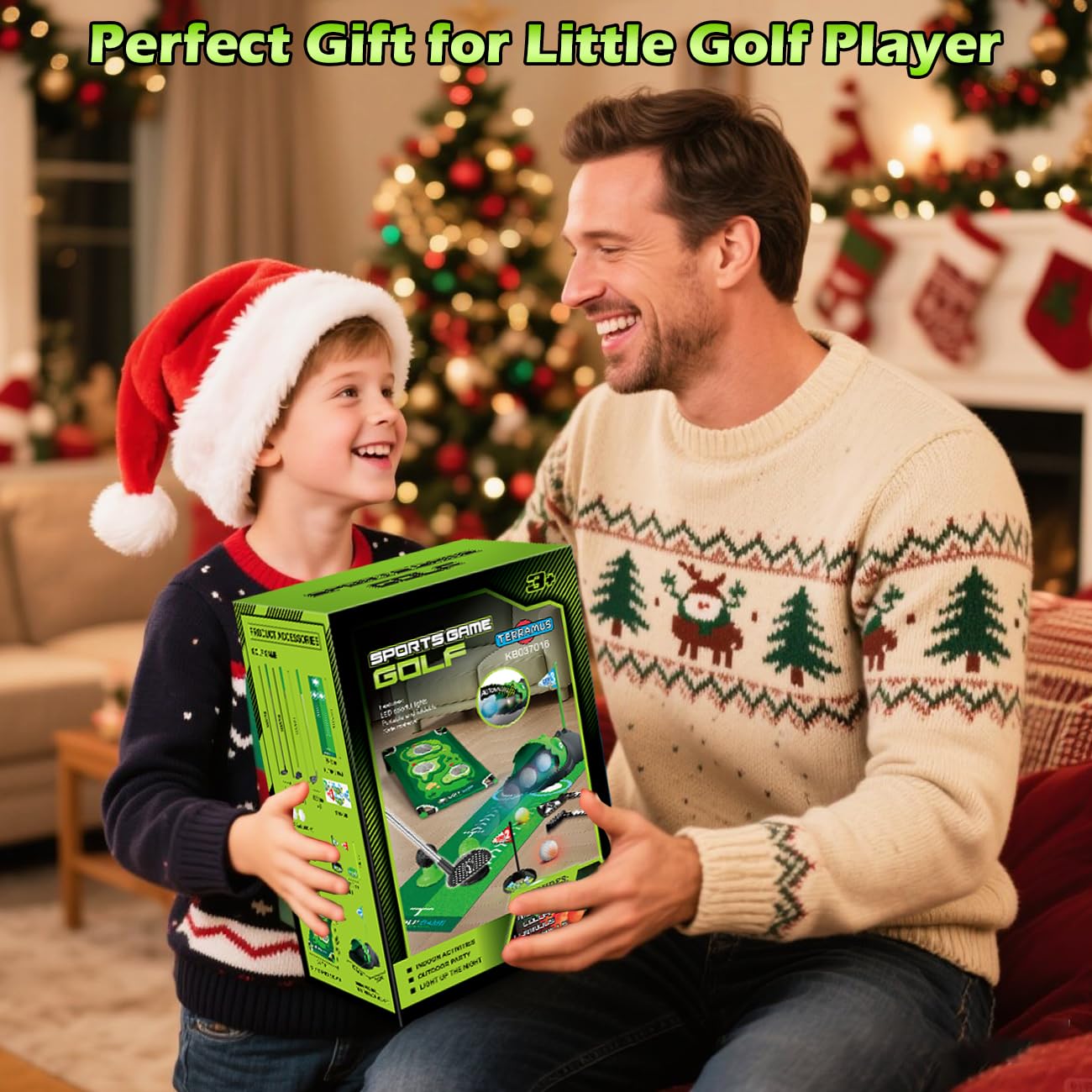 TERRAMUS 3 in 1 Kids Golf Set — Dinosaur Auto Ball Returner, LED Glow Balls, Indoor Putting Mat