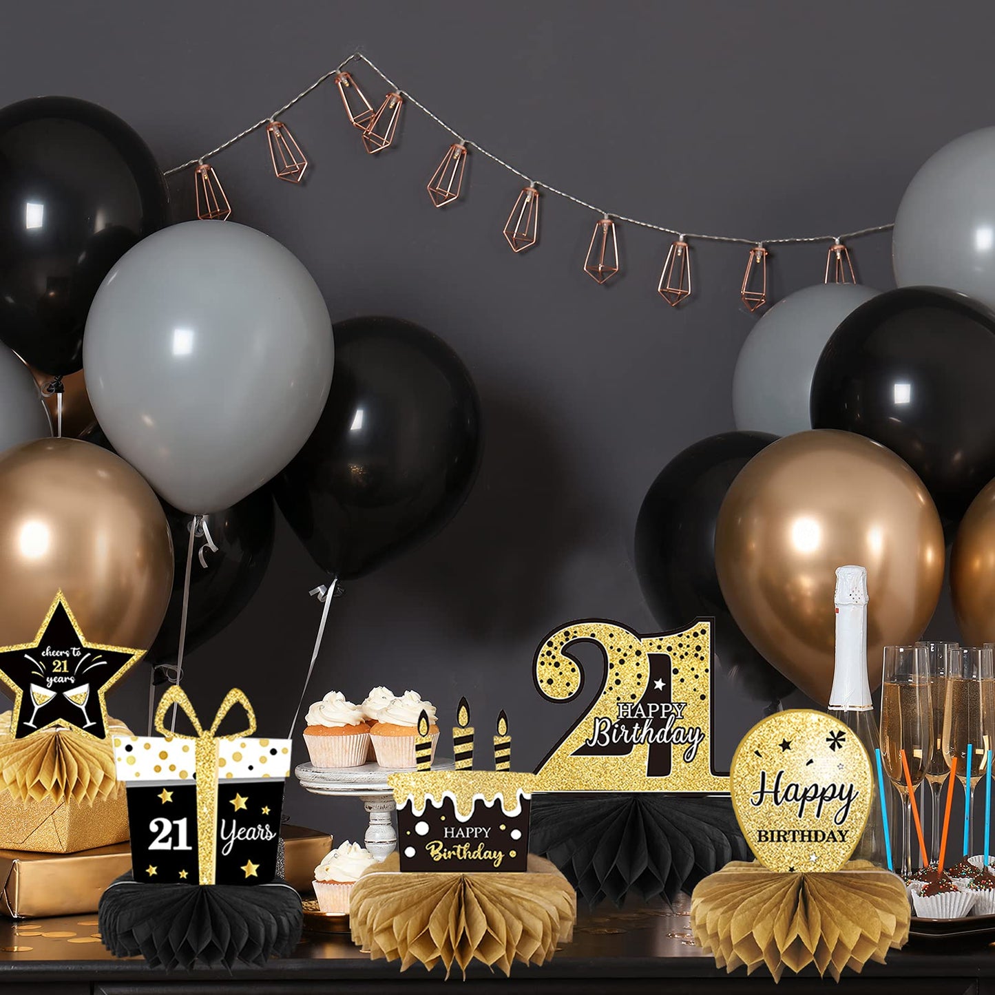 Tevxj 9-Piece 21st Birthday Honeycomb Centerpieces – Gold & Black Table Decor for 21st Birthday Party