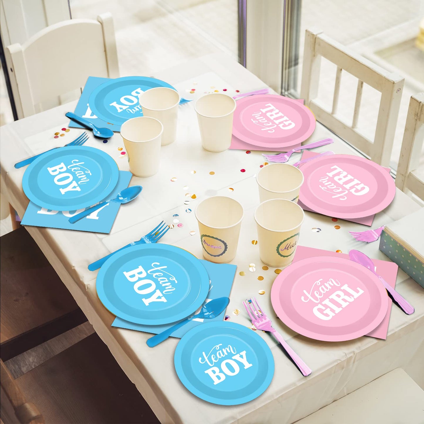 Tevxj 96 PCS Gender Reveal Party Supplies – Plates, Napkins & Forks for 24 Guests