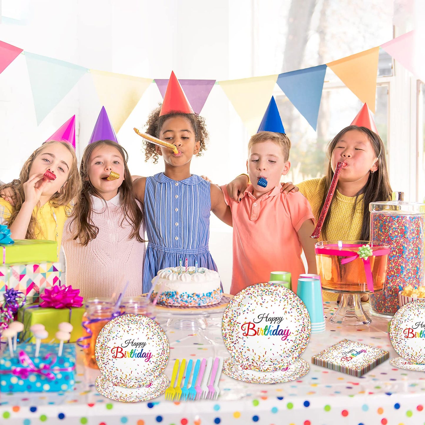 Tevxj 96-Piece Happy Birthday Plates and Napkins Set – Confetti Sprinkles Theme