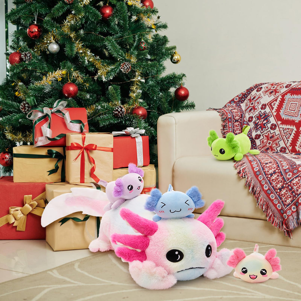 Tezituor Axolotl Giant Plush — 31.5-Inch Glow-in-the-Dark Salamander with 4 Babies