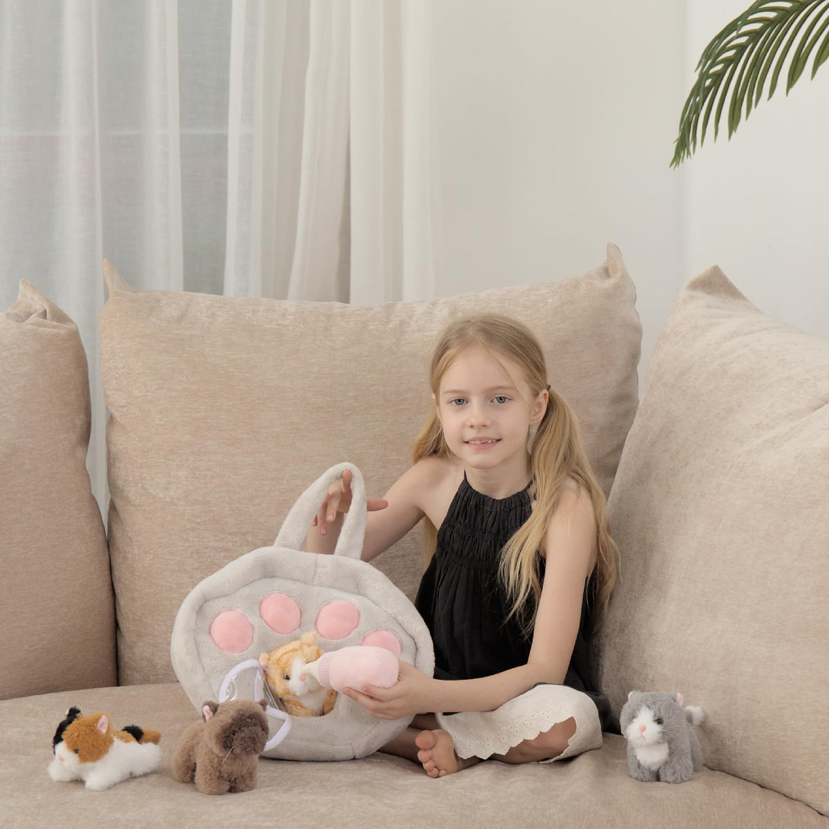 Tezituor 7-Piece Cat Stuffed Animal Set | Plush Carrier Playset for Kids