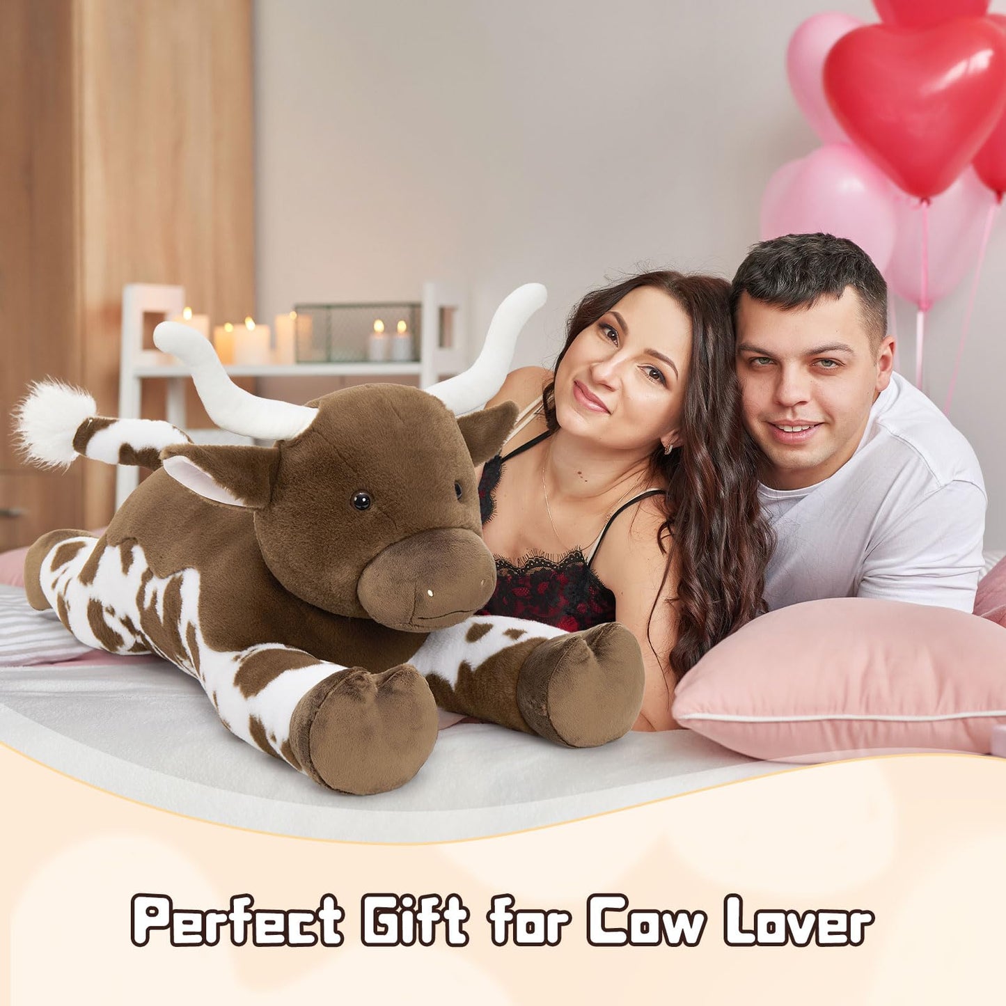 Tezituor 43.3-Inch Giant Longhorn Cow Plush Pillow — Realistic Longhorn Bull Stuffed Animal for Kids & Adults