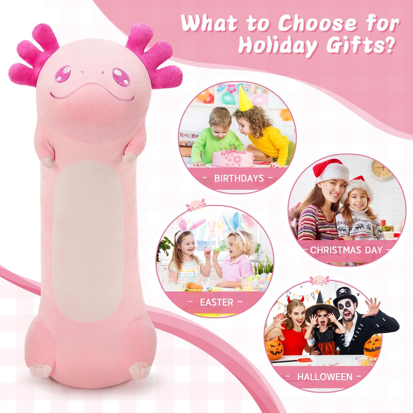 Tezituor Long Axolotl Plush Body Pillow — 39.5-Inch Giant Pink Cuddle Pillow