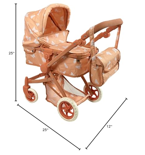 Convertible 2-in-1 Baby Doll Stroller with Sun Canopy & Storage – The New York Doll Collection (Beige Butterfly)