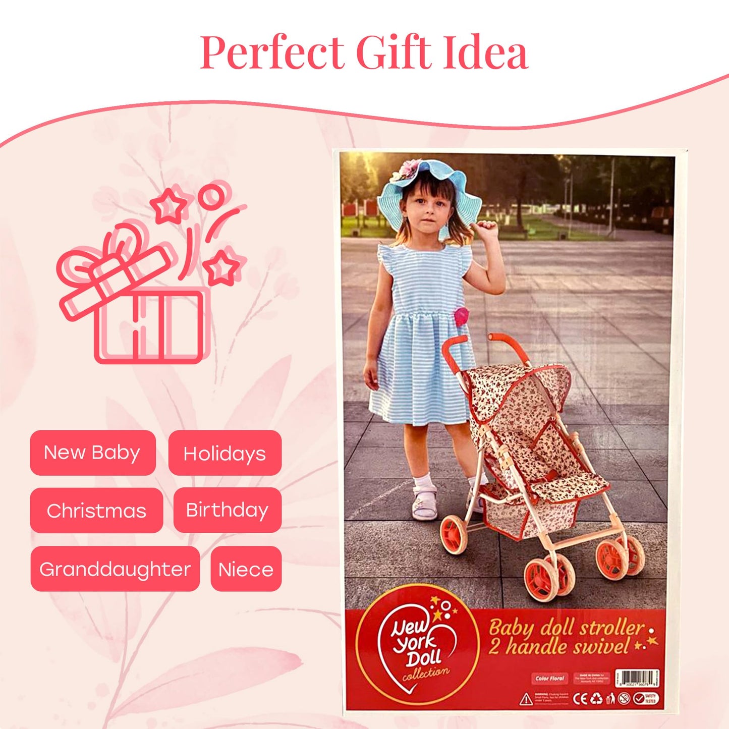The New York Doll Collection 28in Baby Doll Stroller – Coral Floral Print