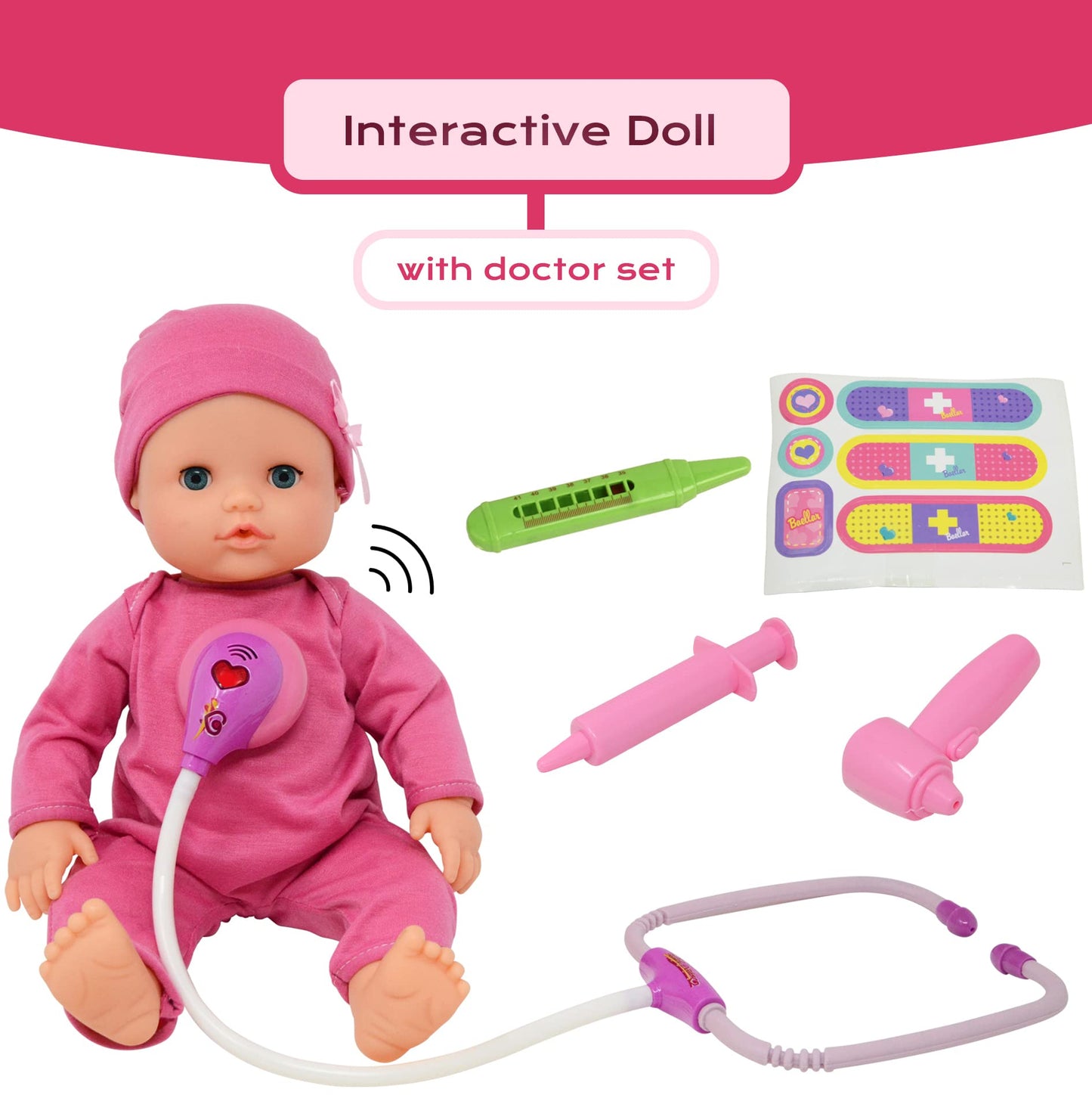 The New York Doll Collection Interactive 16-Inch Baby Doll Doctor Kit with Light-Up Heartbeat Stethoscope – Pink