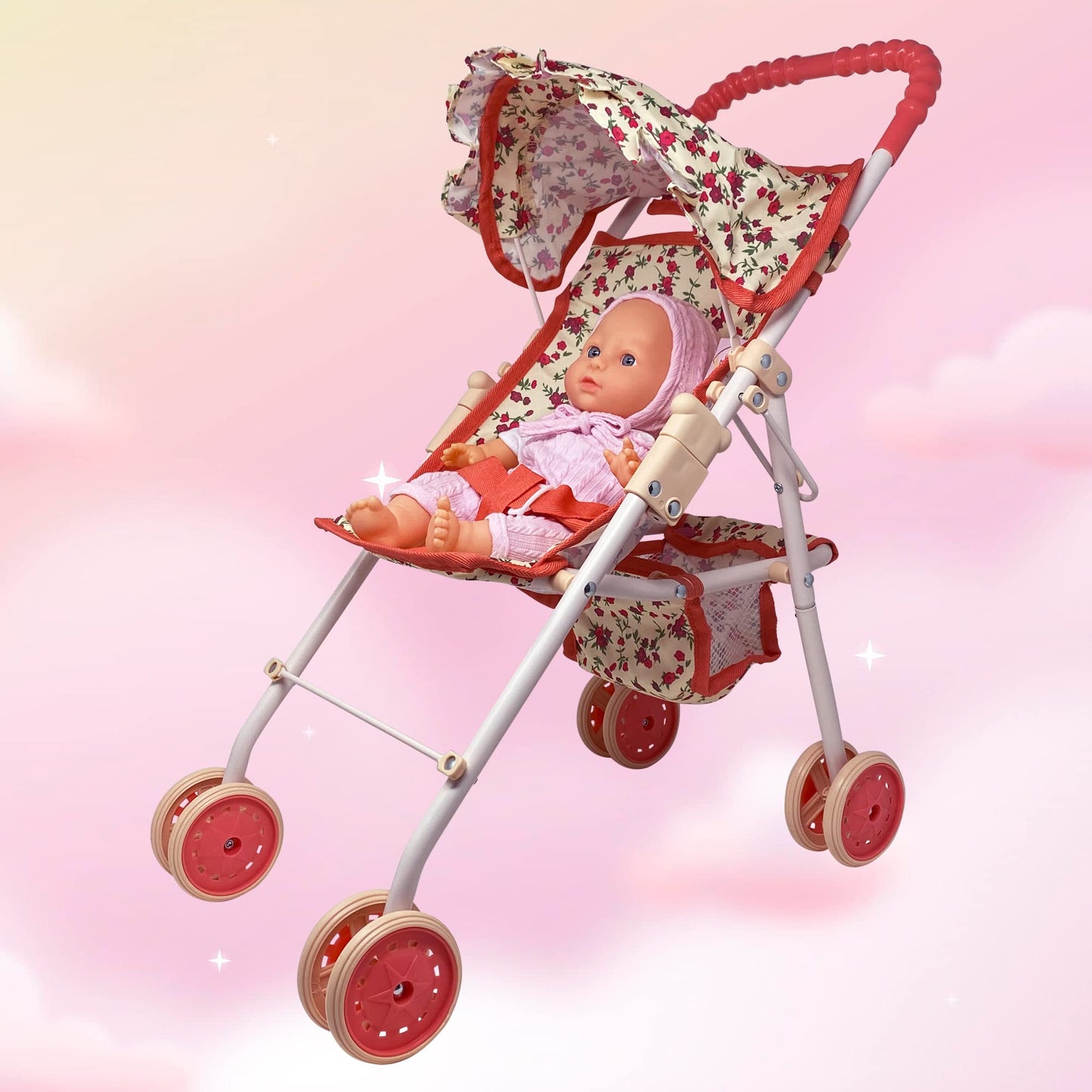 The New York Doll Collection: My First Baby Doll Stroller for Toddlers – Foldable 21-inch Doll Pram with Canopy & Seatbelt
