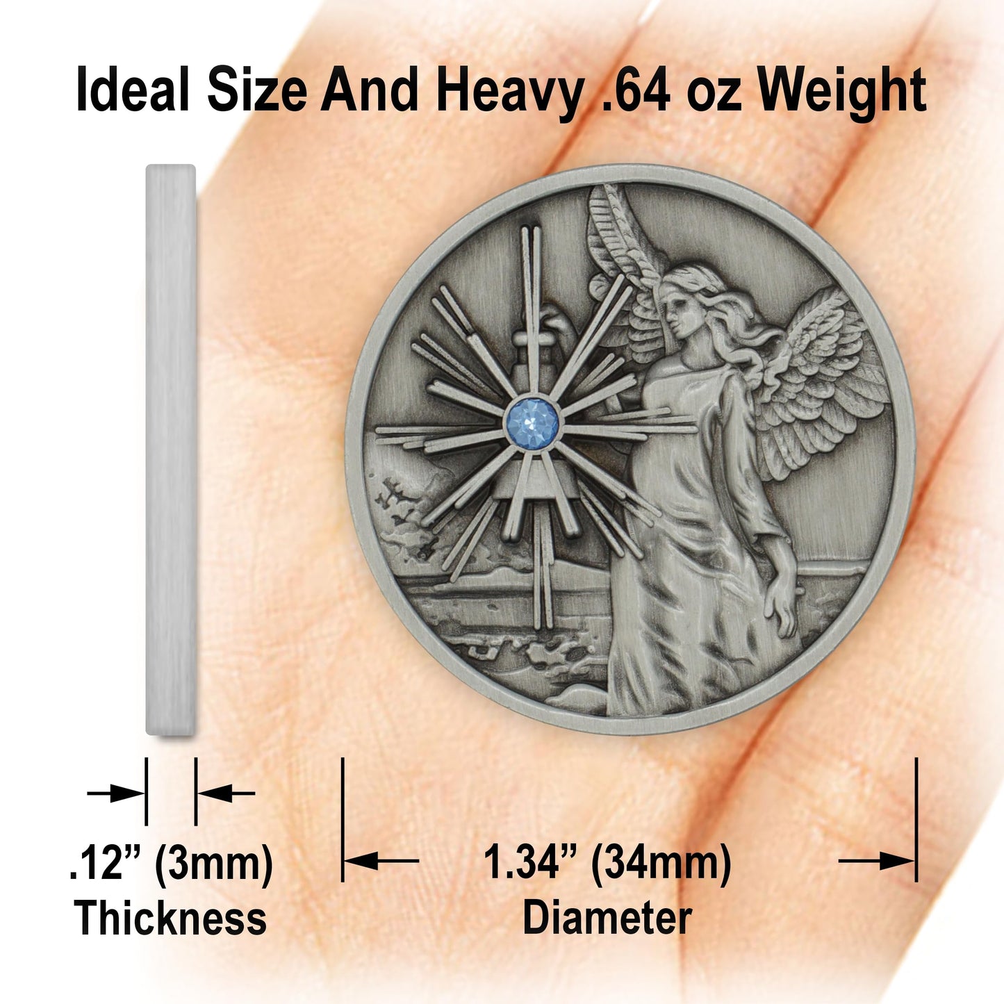 The Token Shop Pewter Guardian Angel Coin – Aqua Crystal Medallion