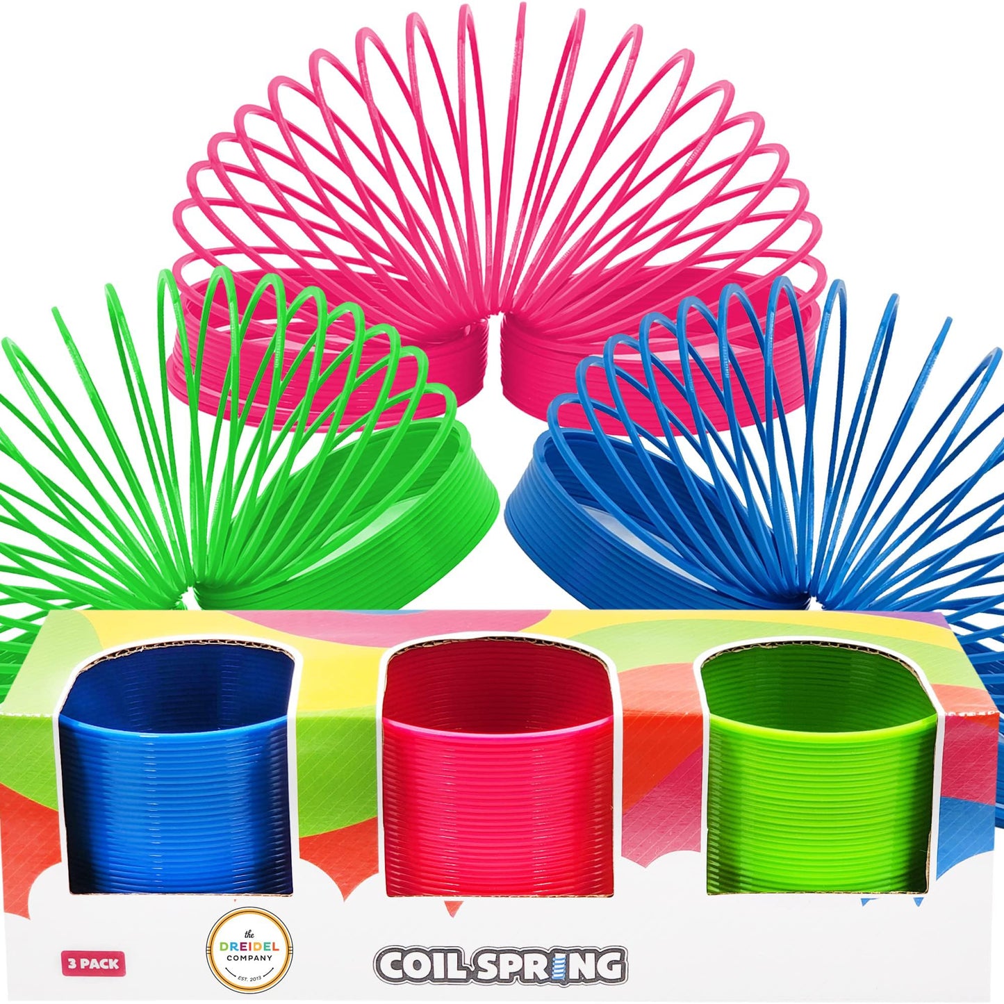 The Dreidel Company Neon Plastic Multicolor Coil Spring – Party Favors & Goody Bag Fillers, 3-Inch (80mm), 3-Pack
